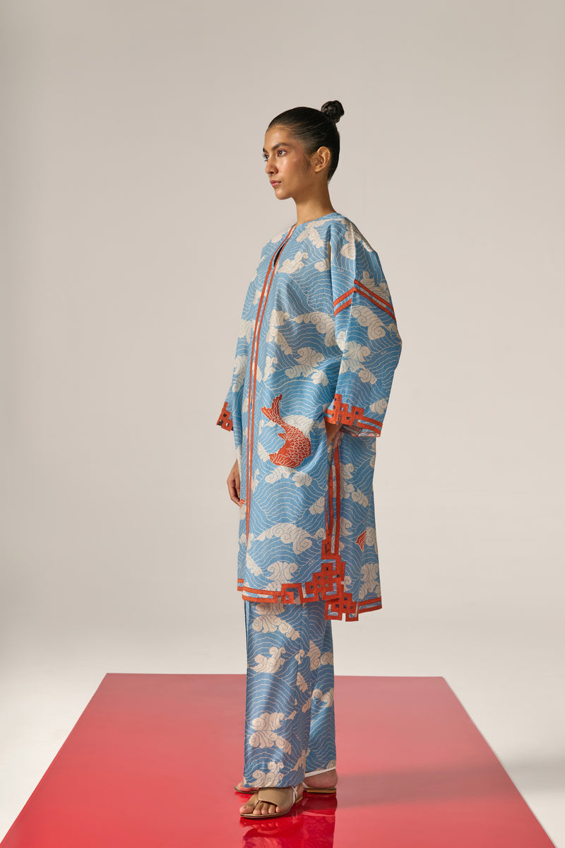 Vivo Wastani Boat Neck Shirred Sleeve Kaftan - Mustard / Blue Abstract Print