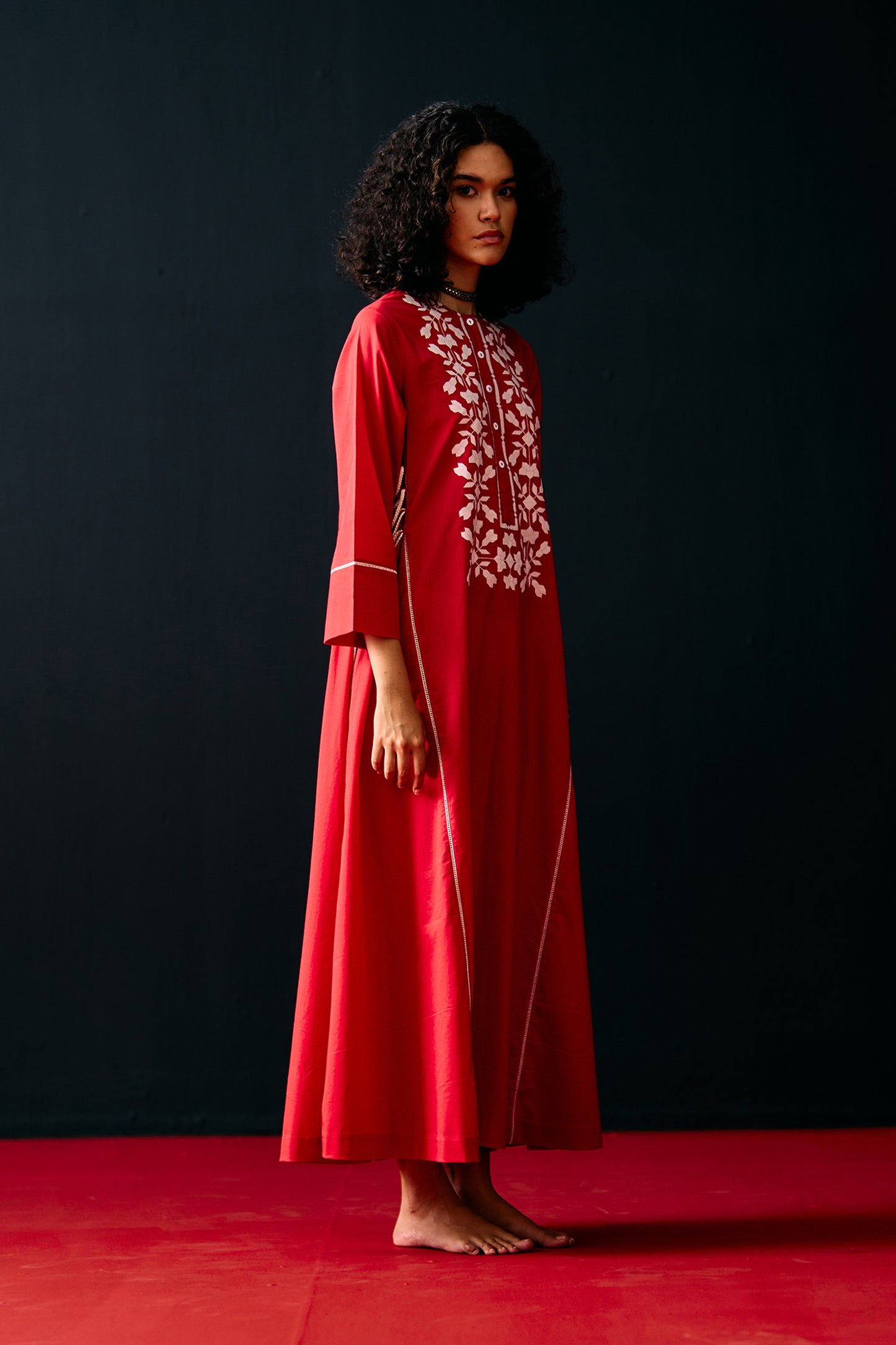 RED FLORAL A-LINE DRESS