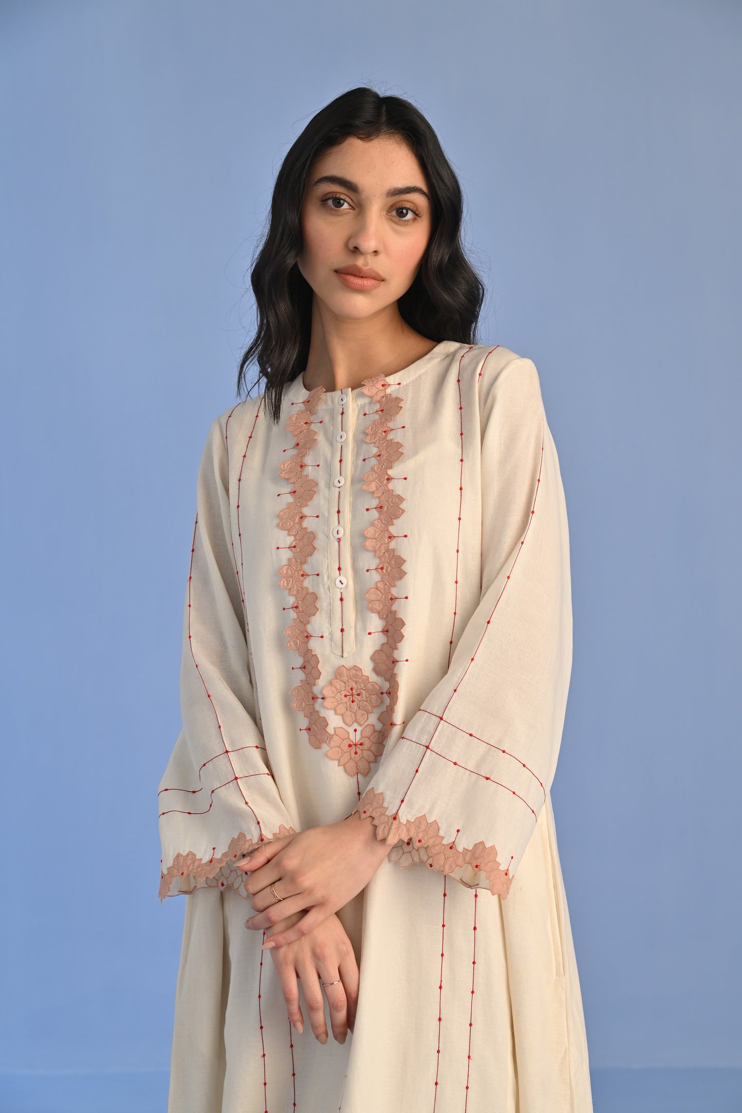 A-LINE DRESS WITH 3D NECK APPLIQUE'