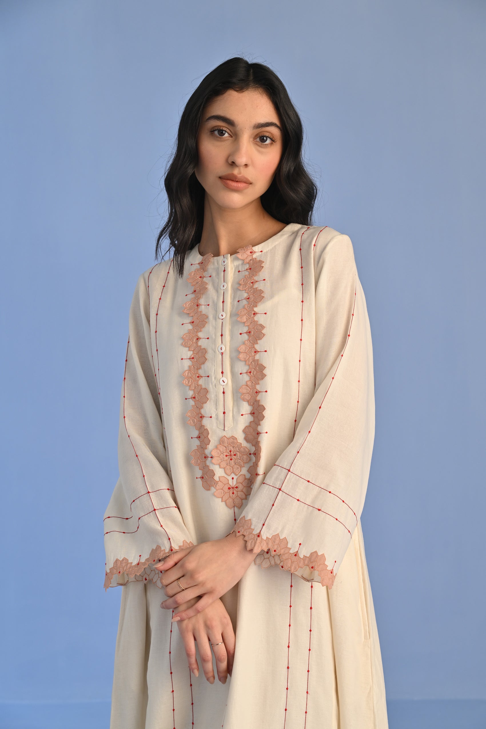 A-LINE DRESS WITH 3D NECK APPLIQUE'