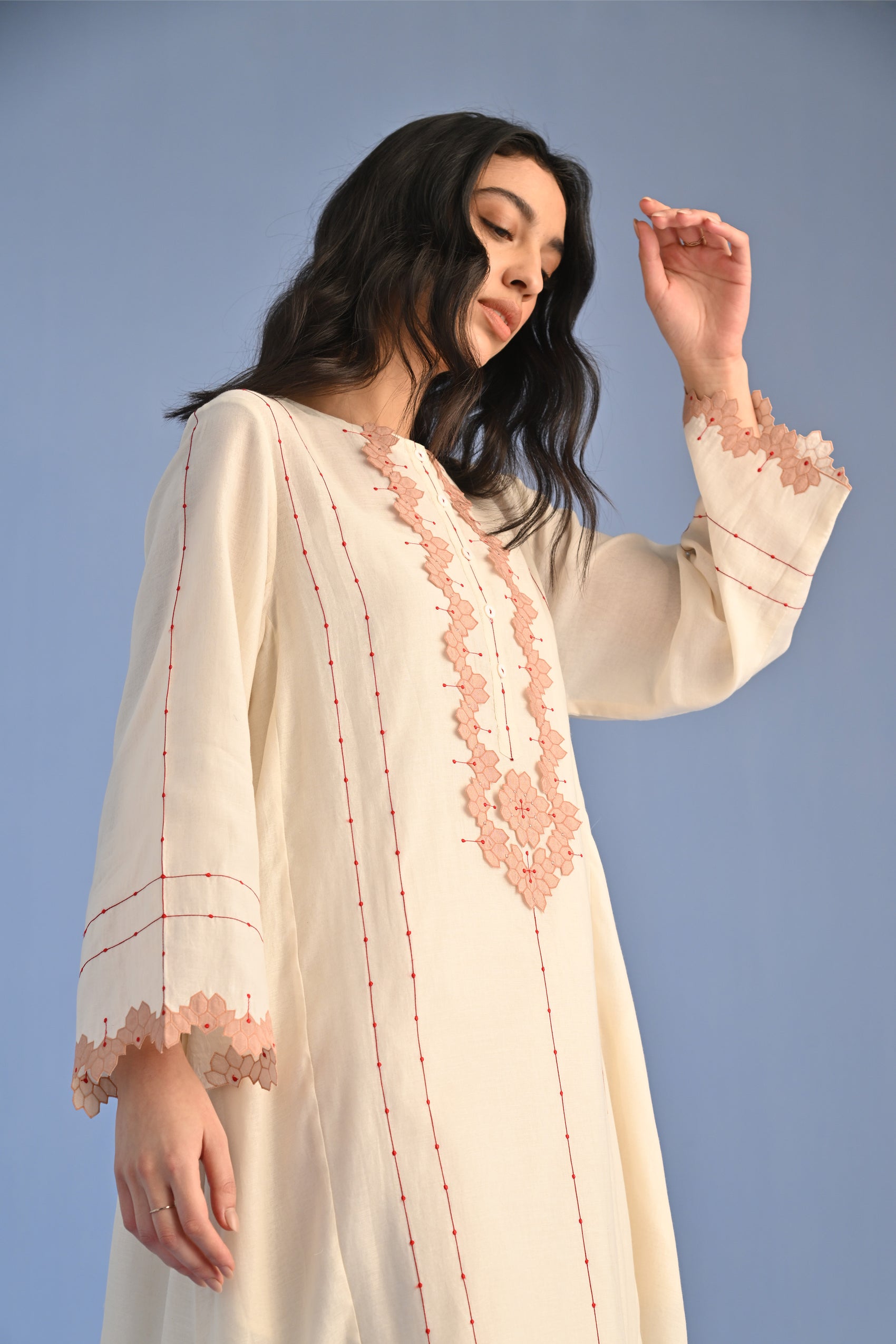 A-LINE DRESS WITH 3D NECK APPLIQUE'