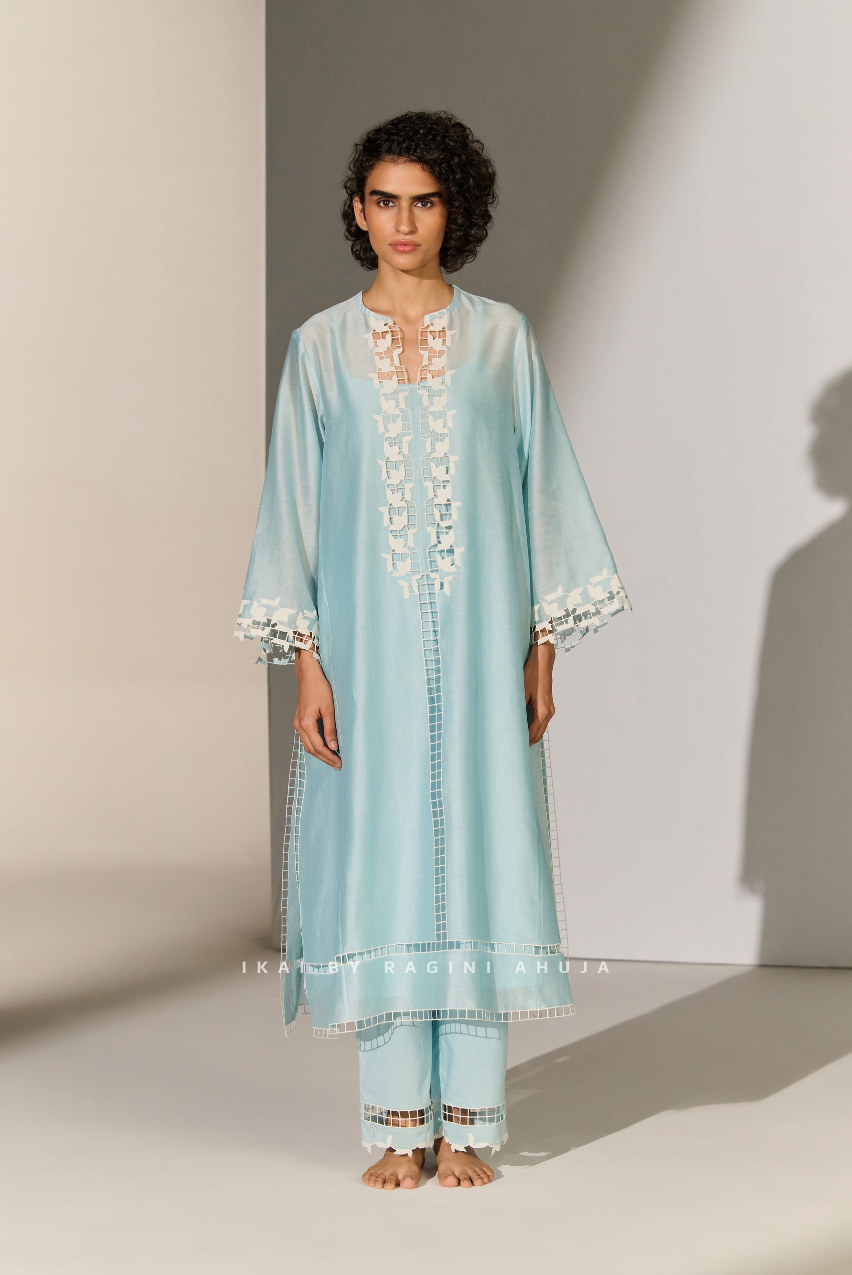 CUTWORK A-LINE KAMEEZ SKY