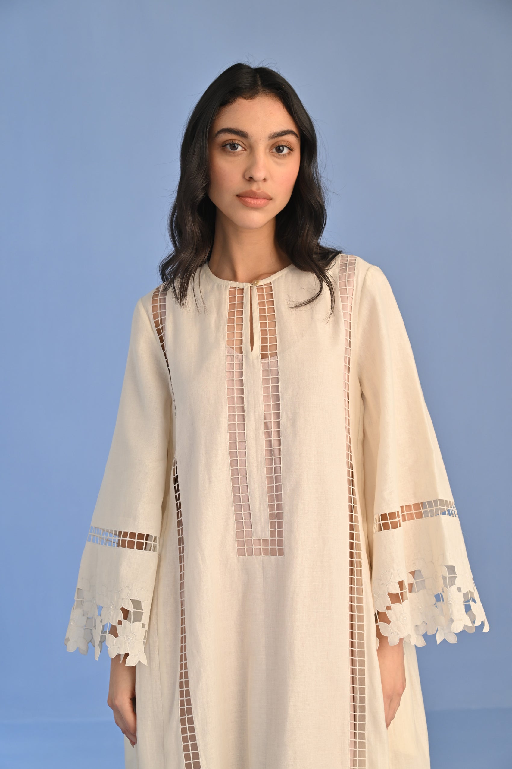 A-LINE PLEATED DRESS WITH APPLIQUE' AND CUTWORK