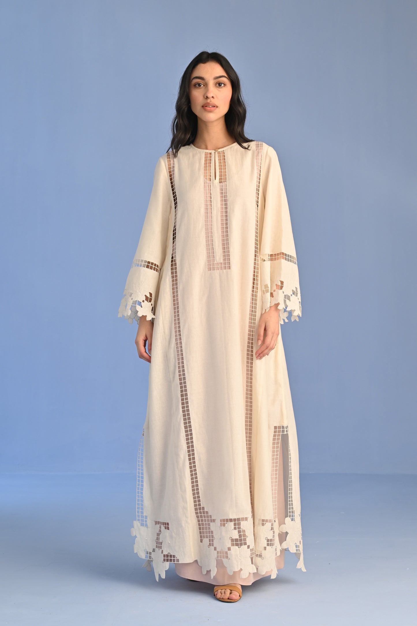 A-LINE PLEATED DRESS WITH APPLIQUE' AND CUTWORK
