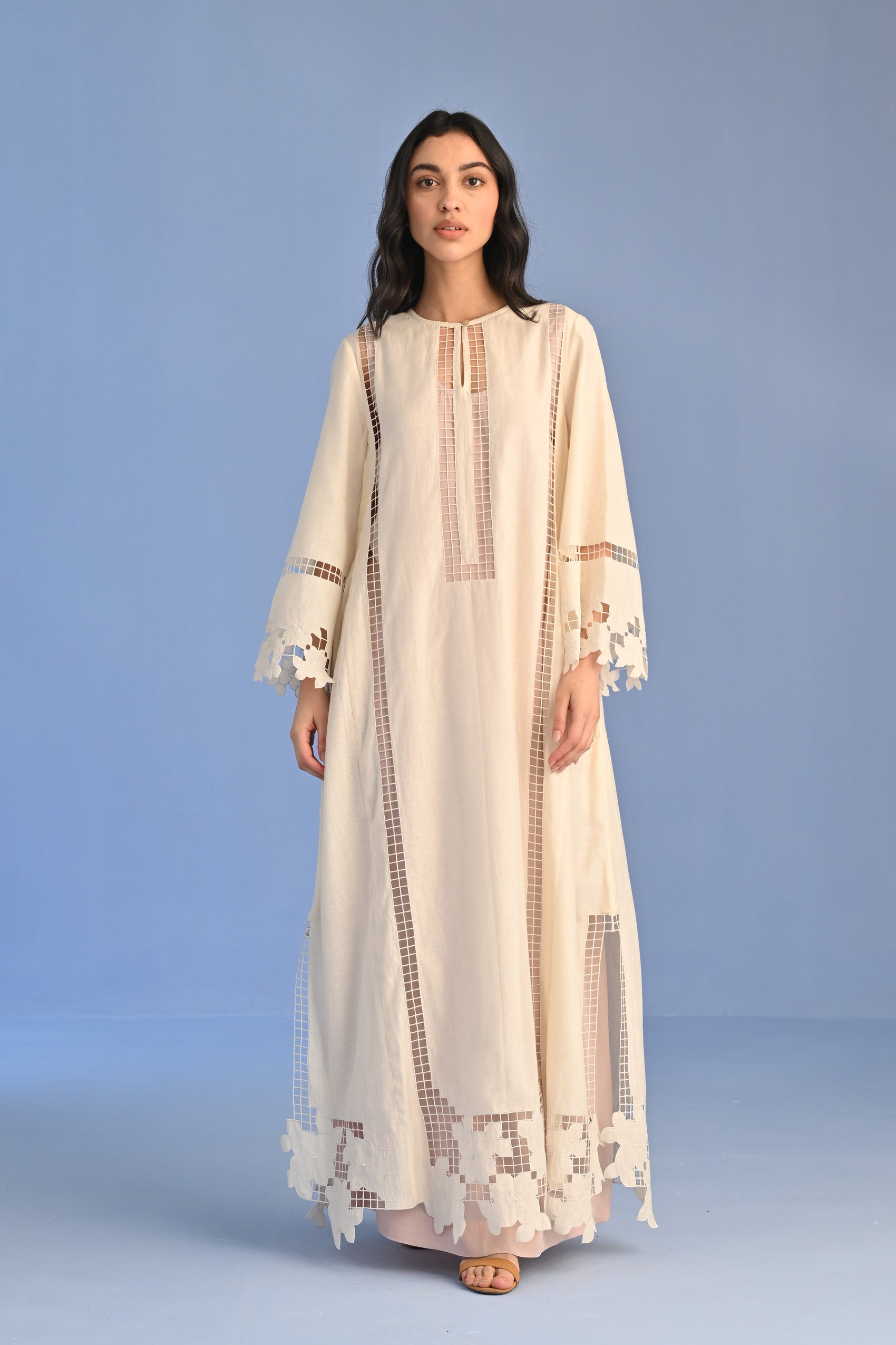 A-LINE PLEATED DRESS WITH APPLIQUE' AND CUTWORK