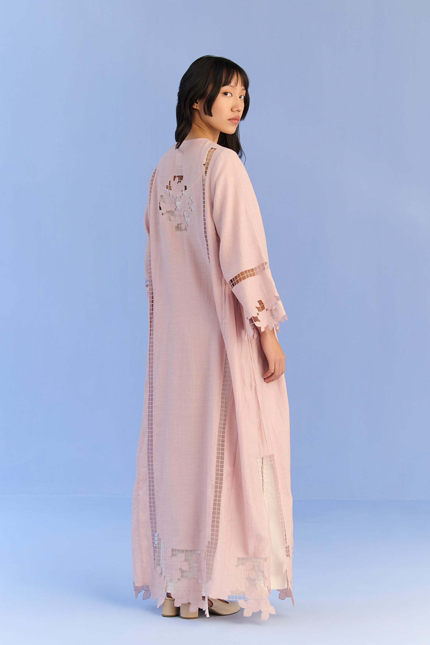 A-LINE PLEATED DRESS WITH APPLIQUE' AND CUTWORK