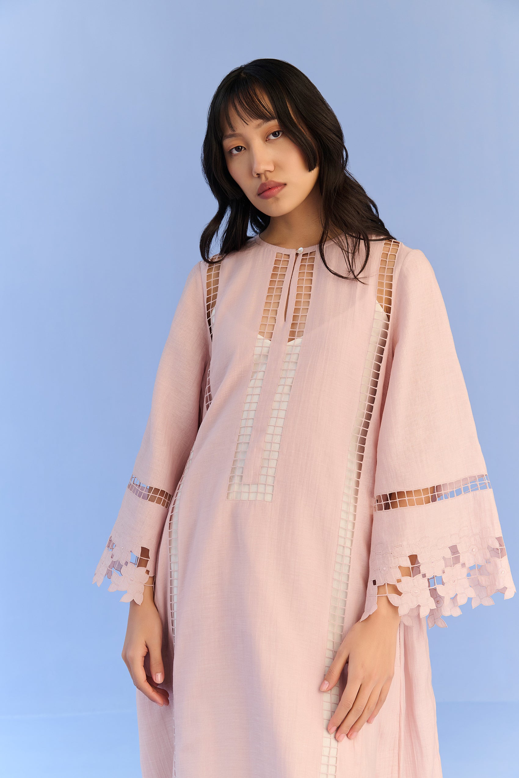 A-LINE PLEATED DRESS WITH APPLIQUE' AND CUTWORK