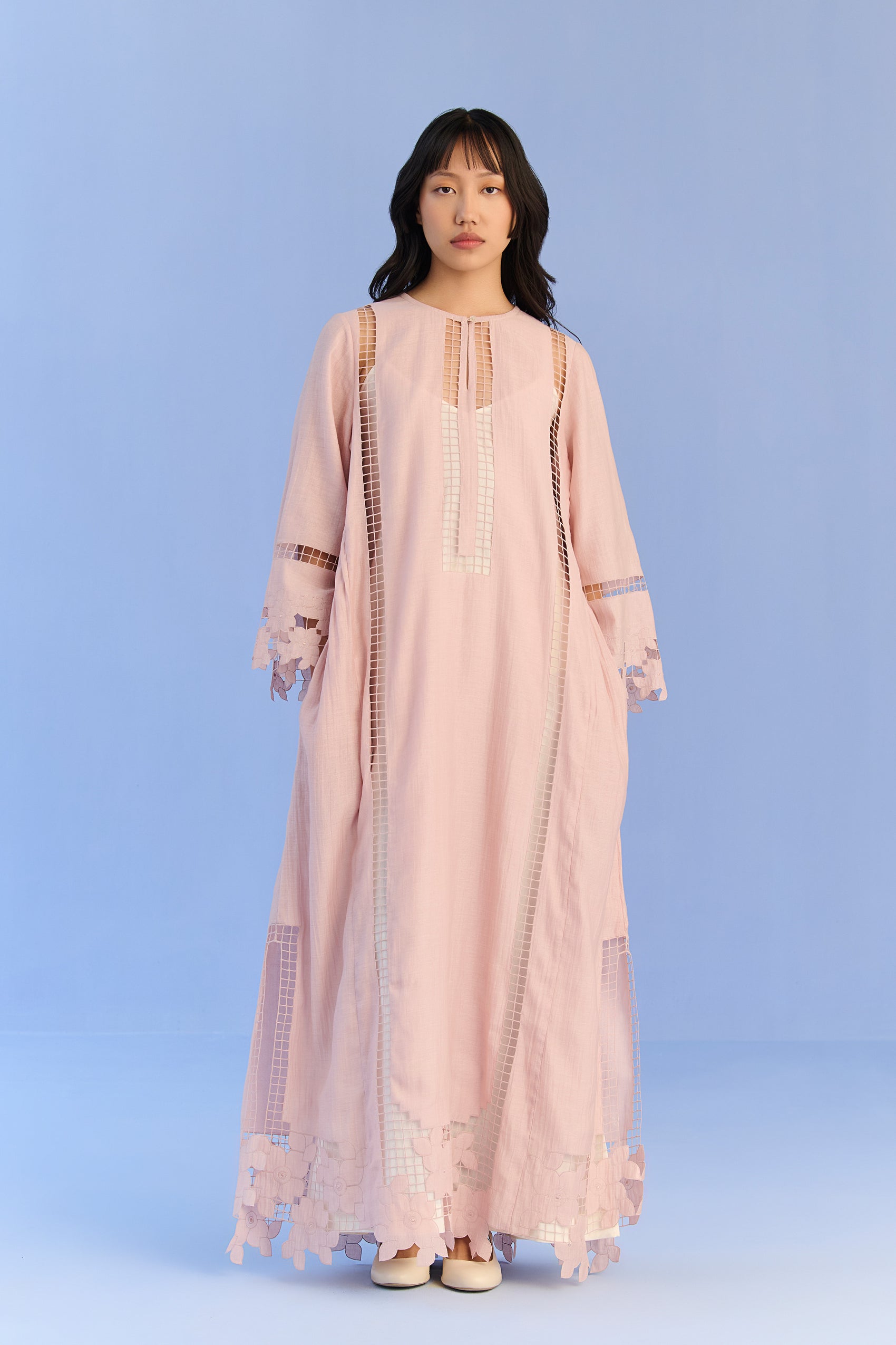 A-LINE PLEATED DRESS WITH APPLIQUE' AND CUTWORK