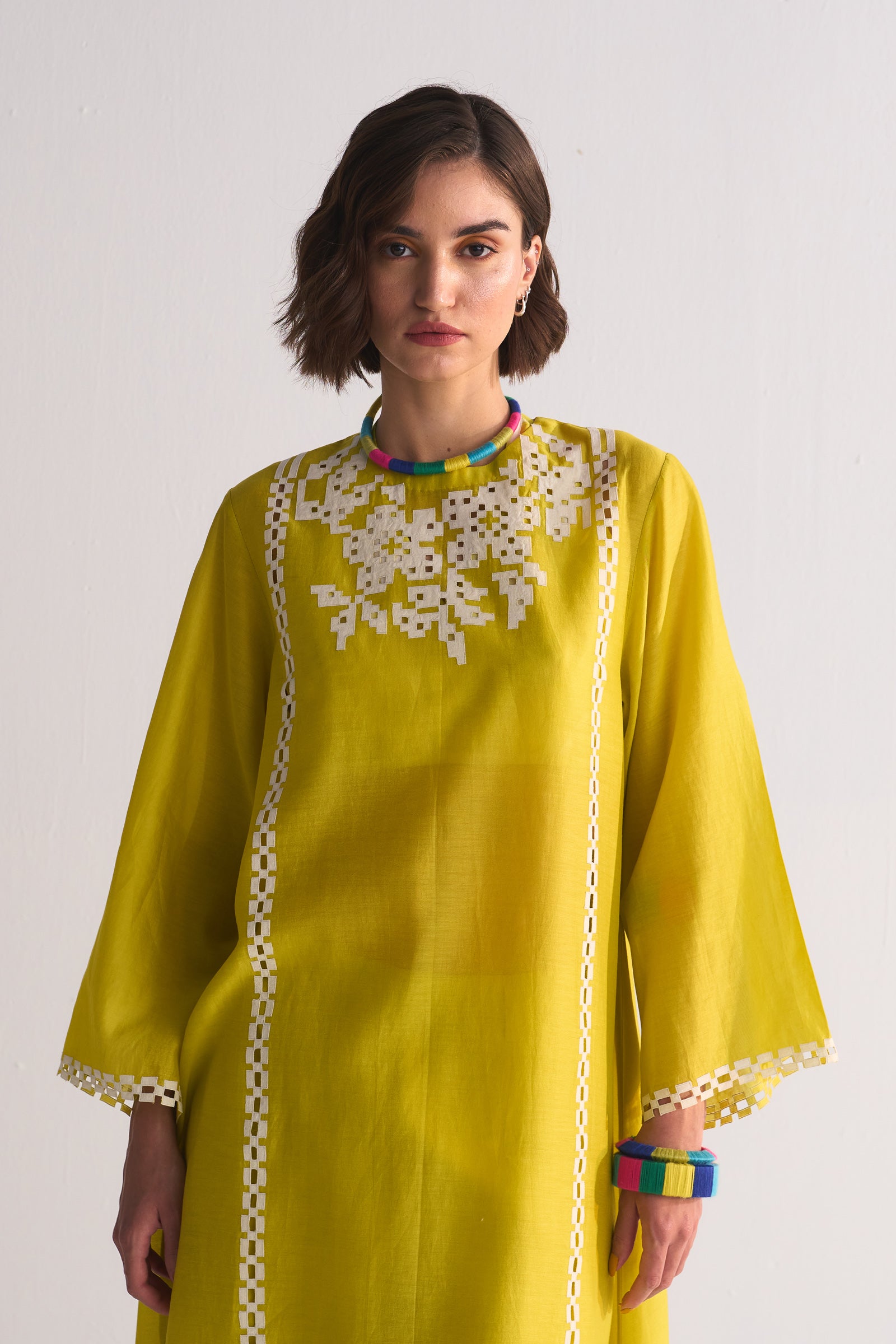 FLORAL NECK APPLIQUE' AND CUTWORK DRESS