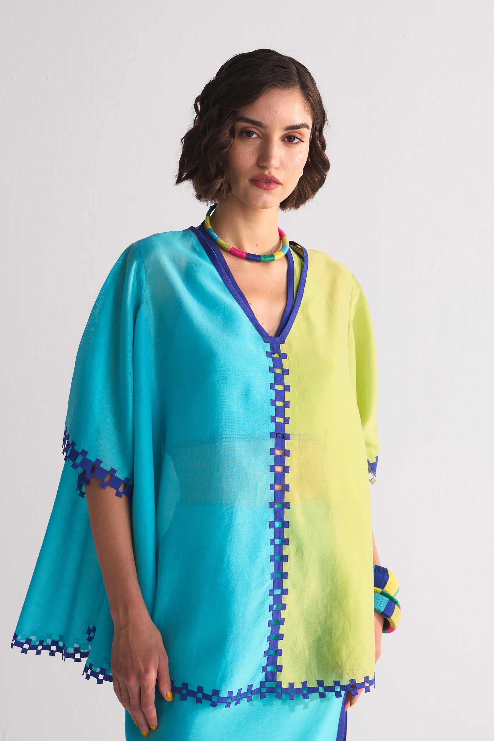 COLOUR BLOCKED APPLIQUE' AND CUTWORK CIRCULAR SHIRT