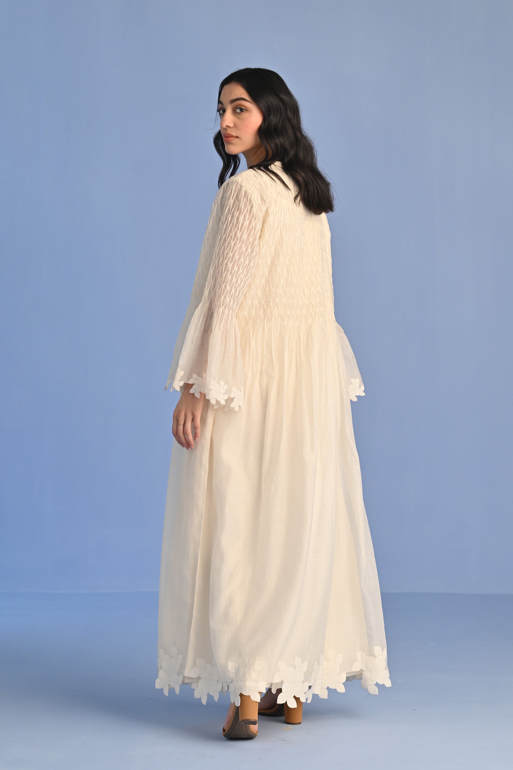 PLEATED APPLIQUE' AND CUTWORK DRESS