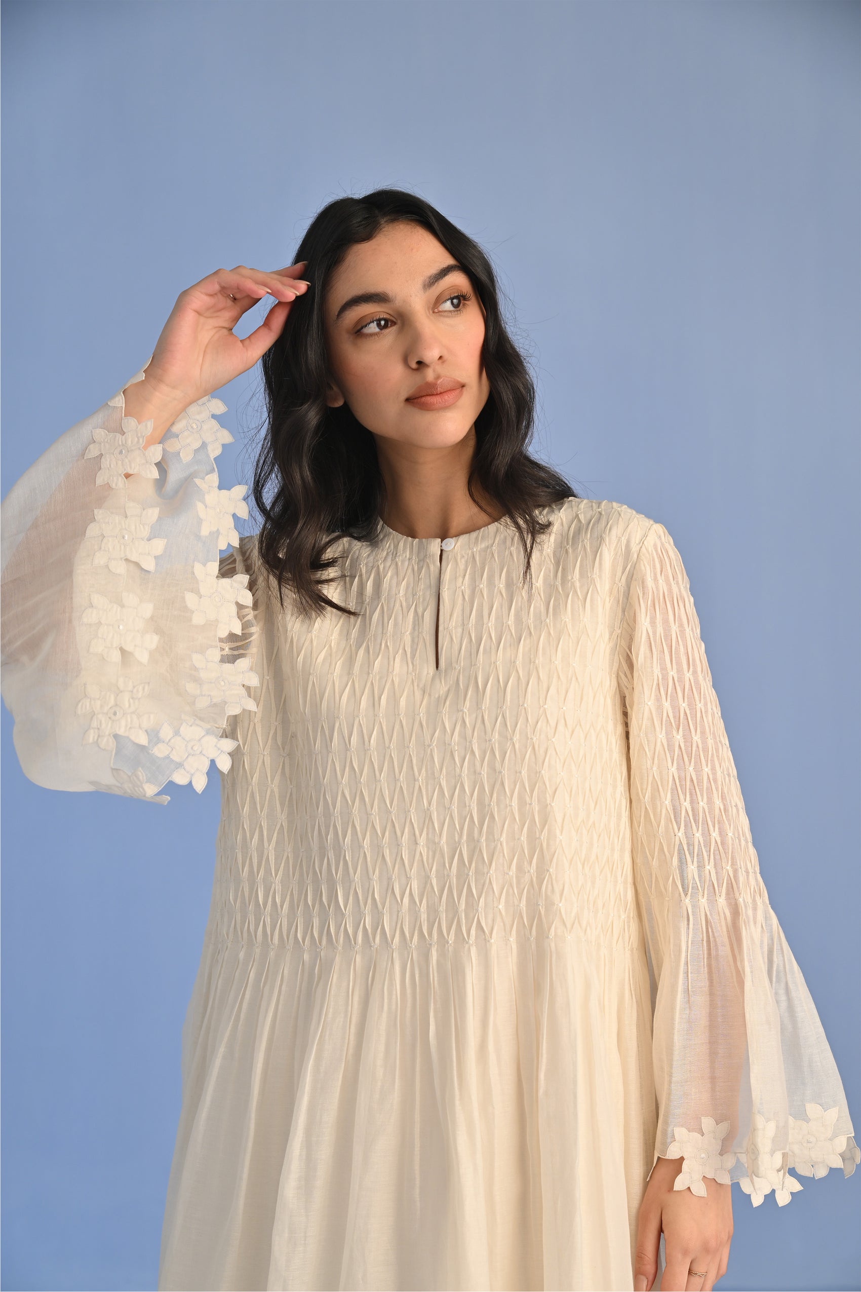 PLEATED APPLIQUE' AND CUTWORK DRESS