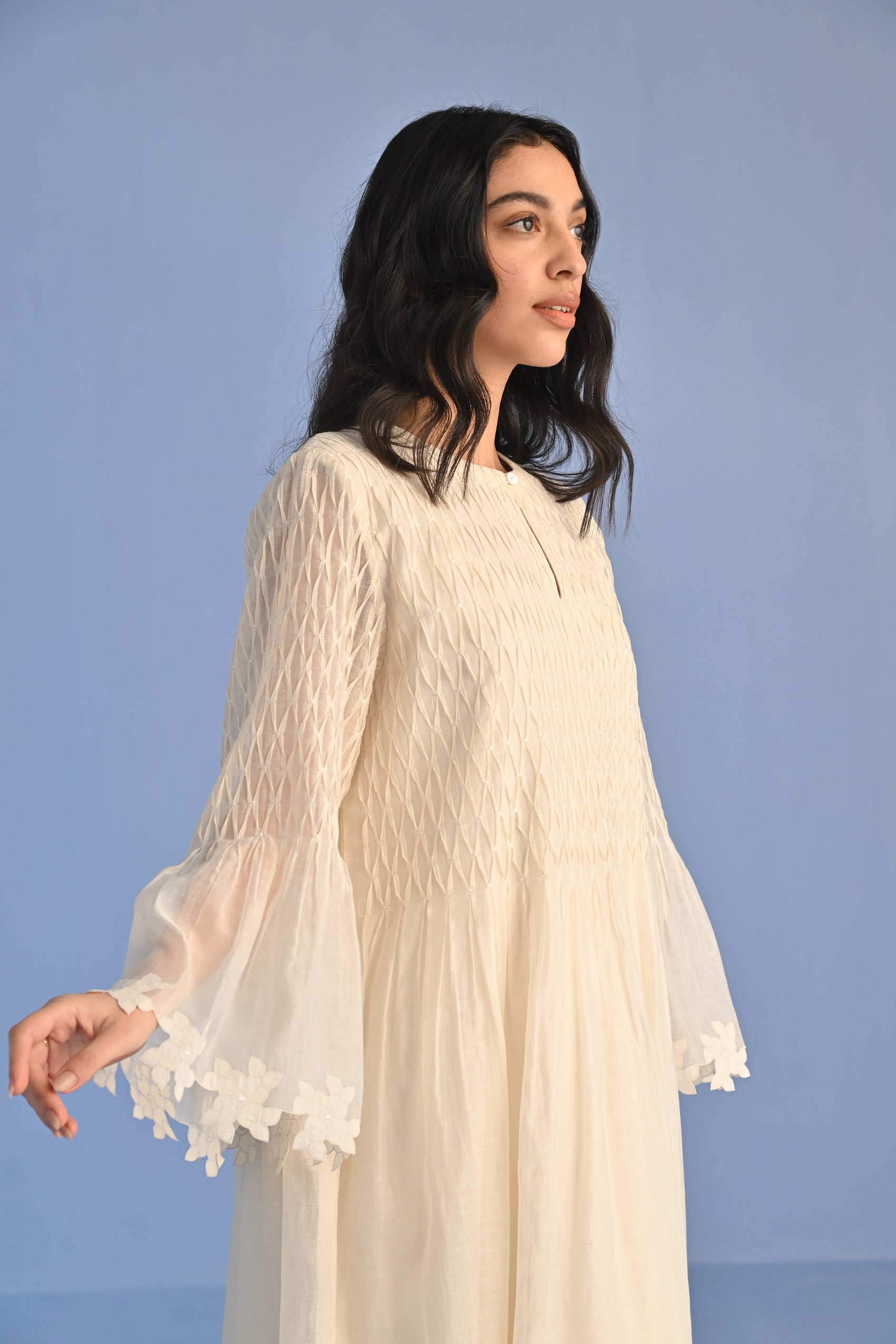 PLEATED APPLIQUE' AND CUTWORK DRESS