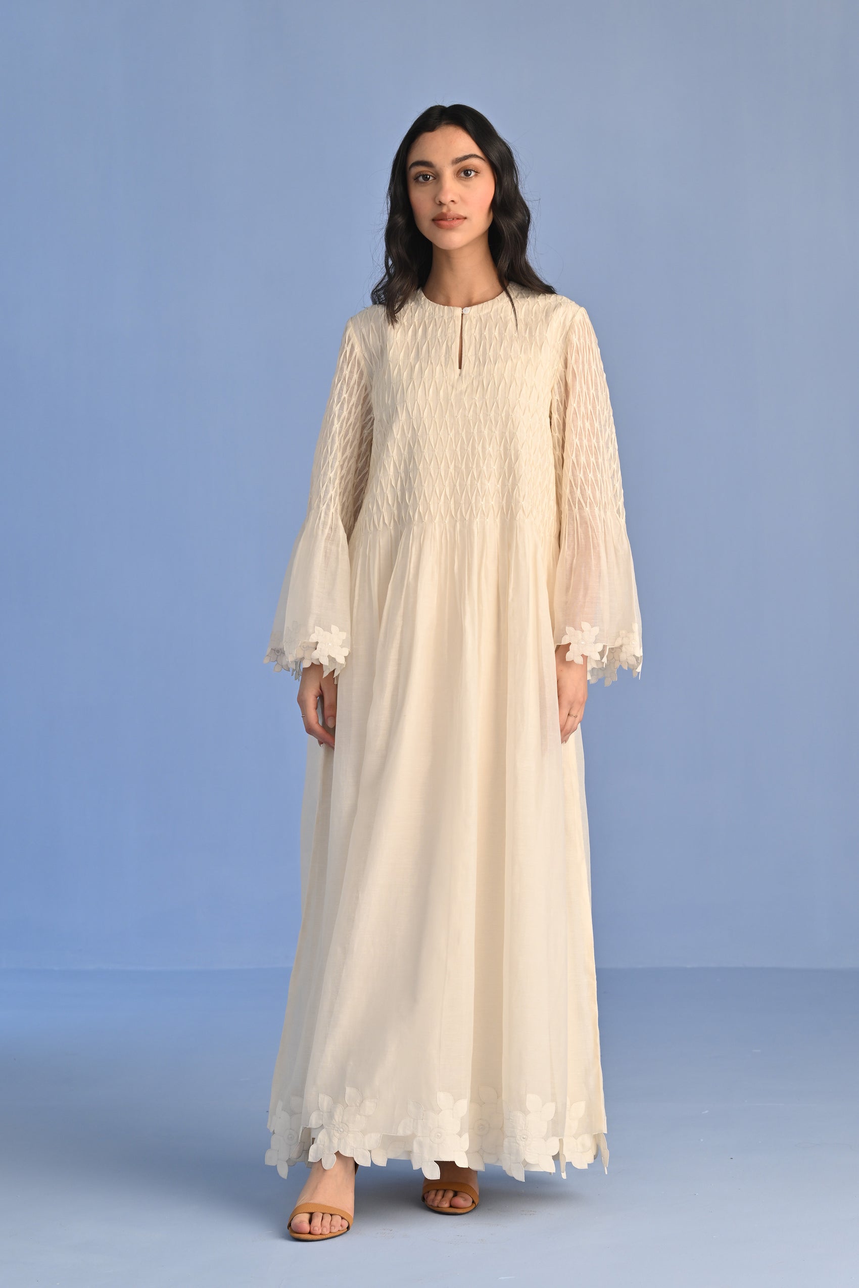 PLEATED APPLIQUE' AND CUTWORK DRESS