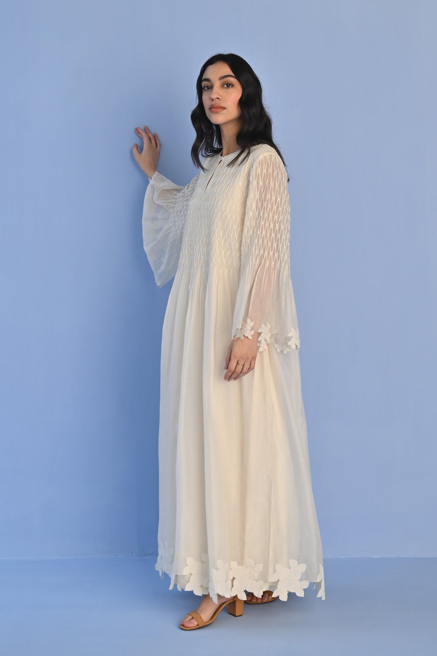 PLEATED APPLIQUE' AND CUTWORK DRESS