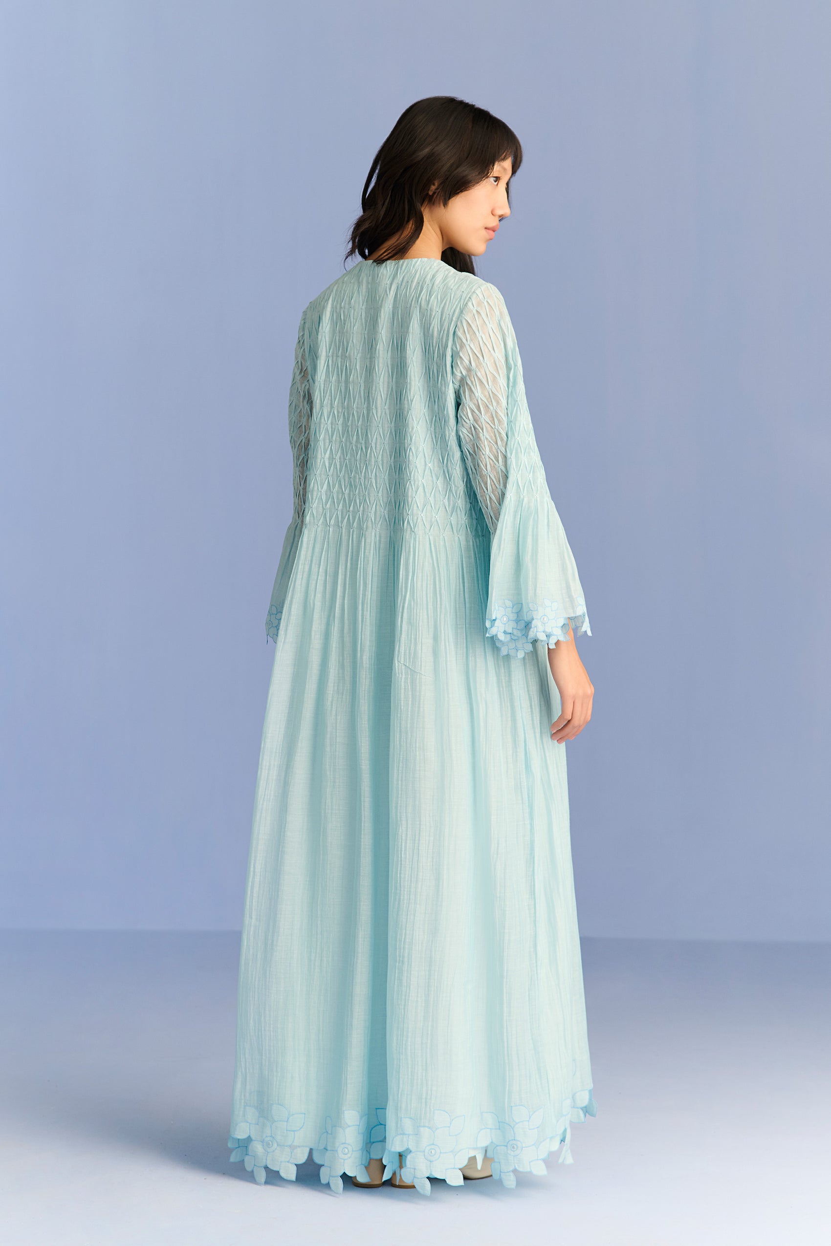 PLEATED APPLIQUE' AND CUTWORK DRESS