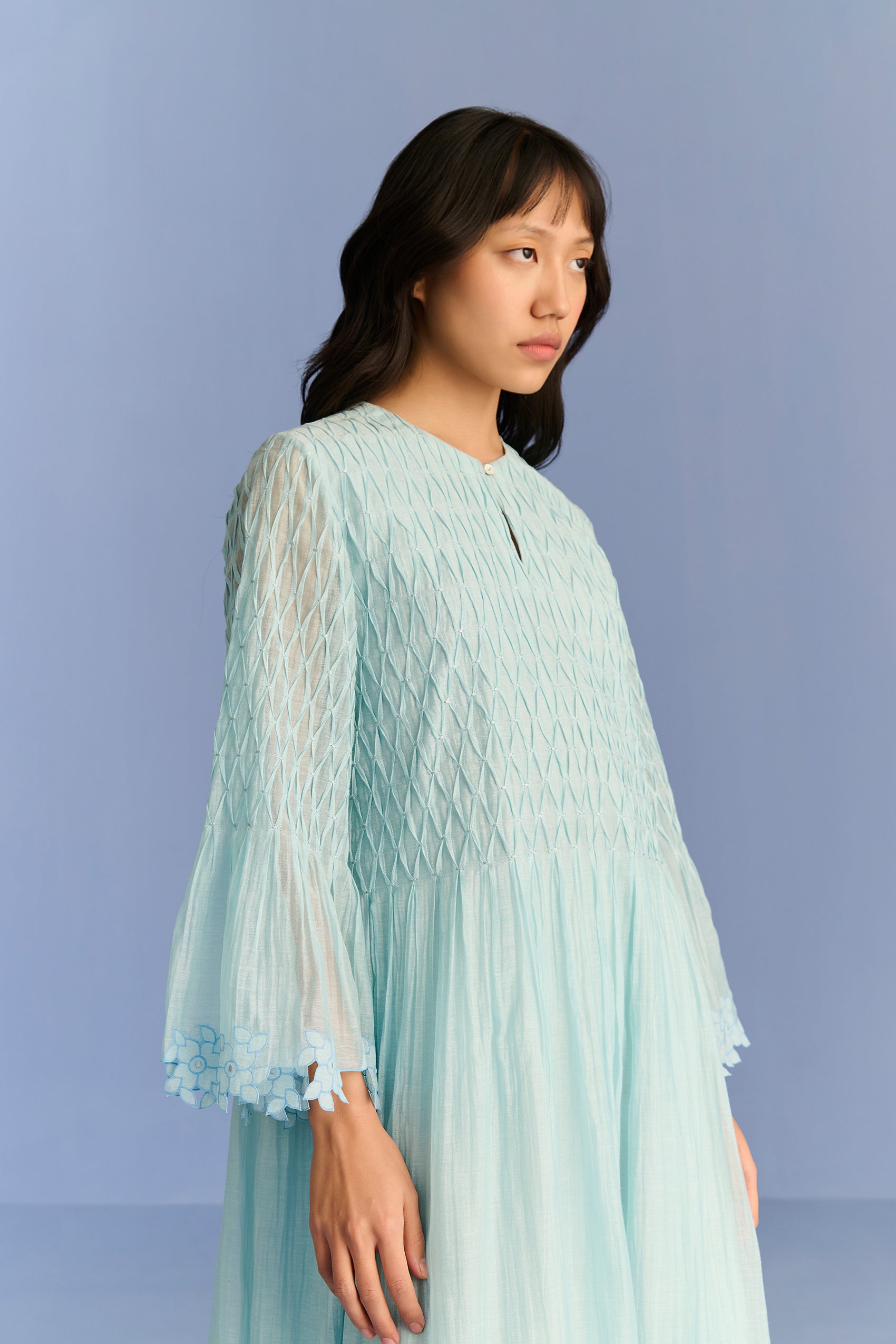 PLEATED APPLIQUE' AND CUTWORK DRESS