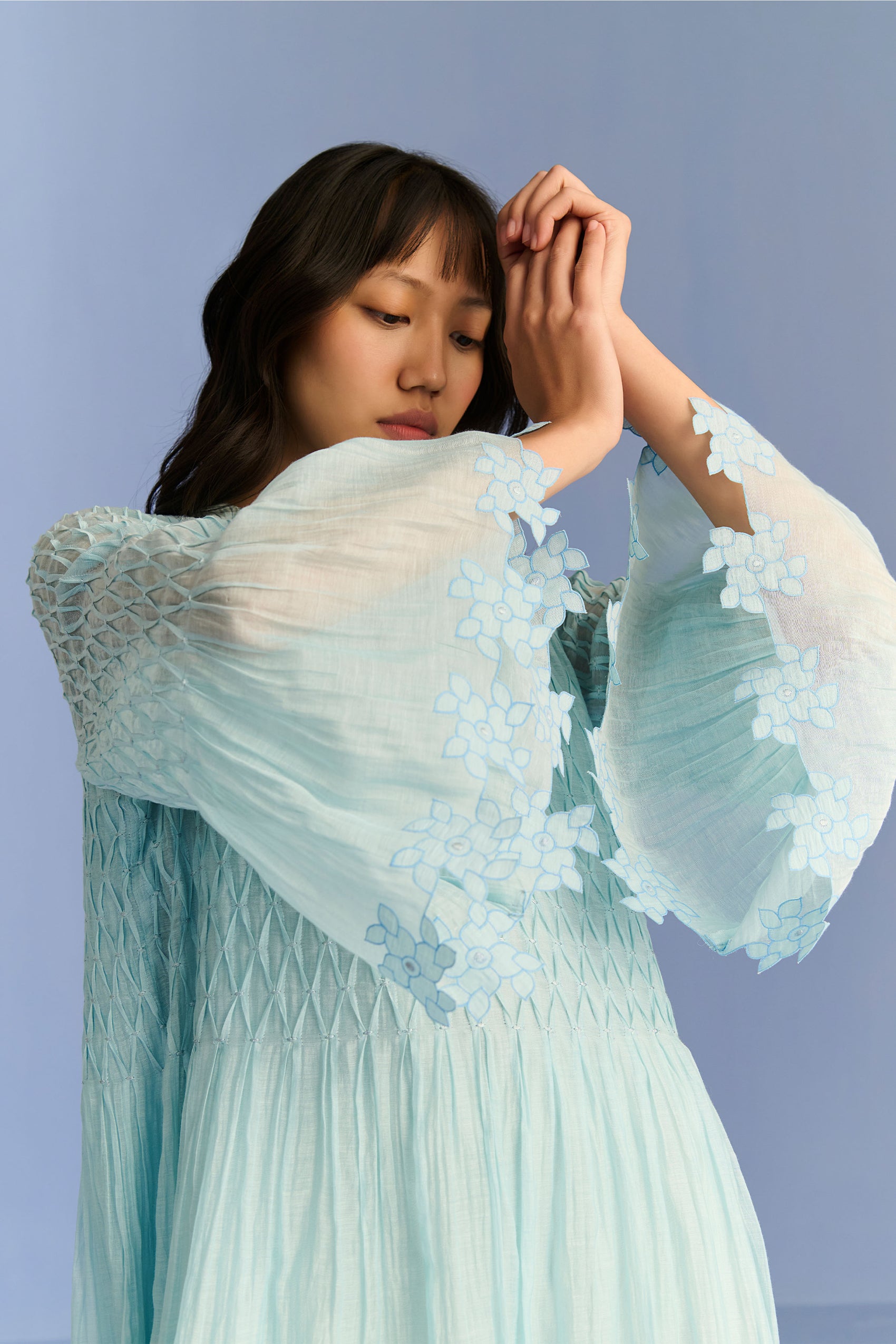 PLEATED APPLIQUE' AND CUTWORK DRESS