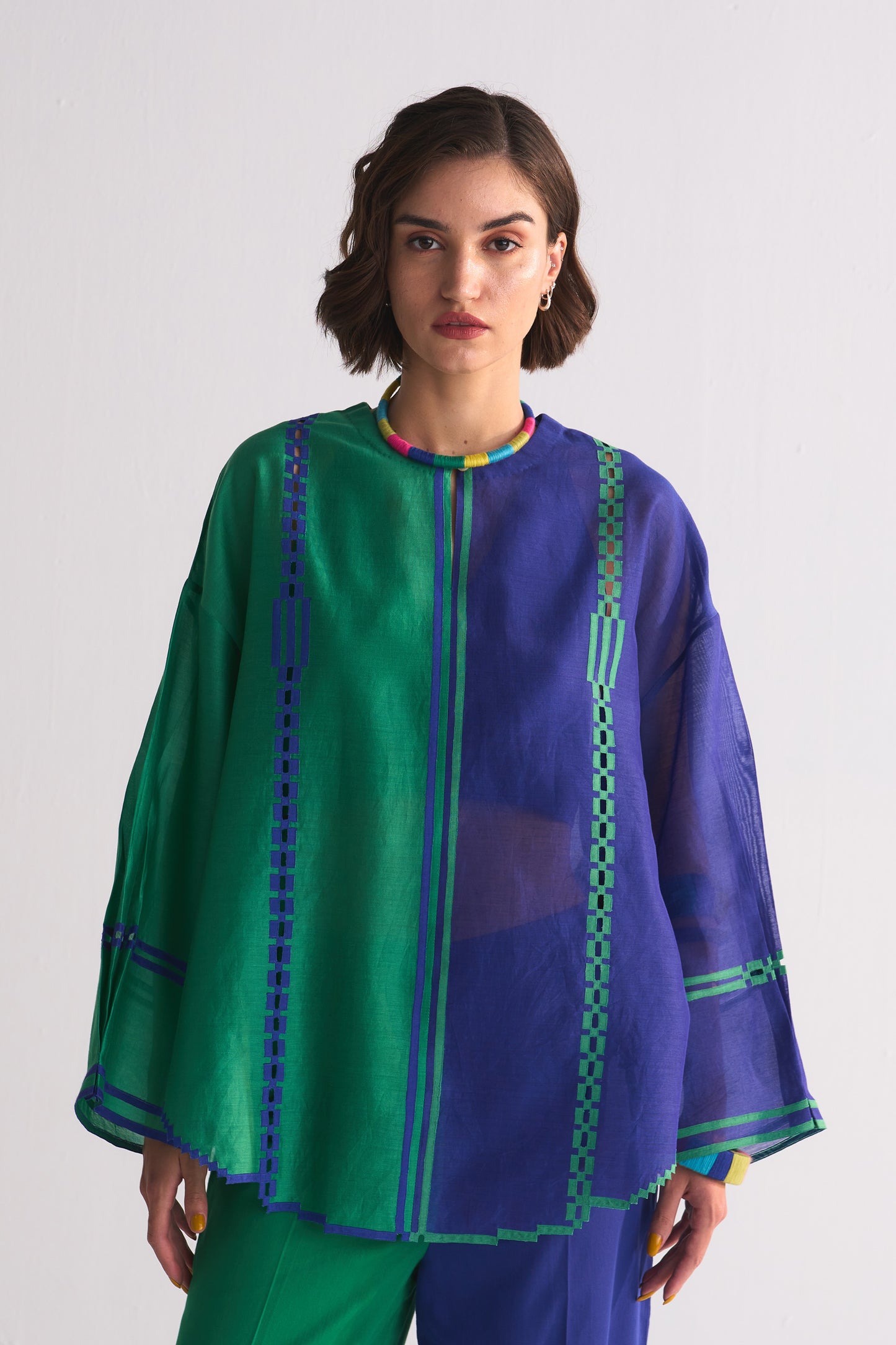 ROUND HEM COLOUR BLOCKED APPLIQUE' AND CUTWORK SHIRT