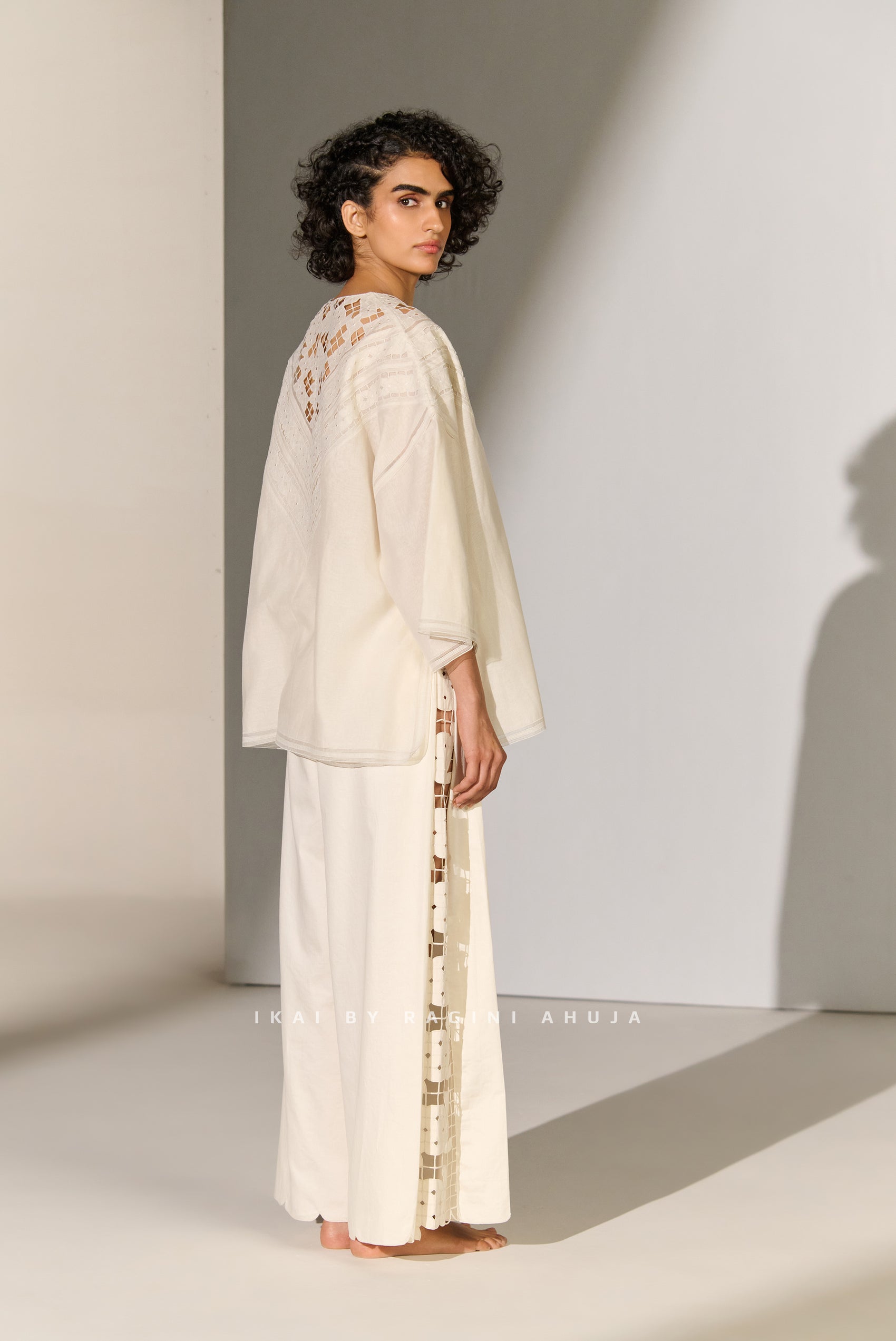 GEOMETRIC NECK CUTWORK DROP SHOULDER SHIRT IVR