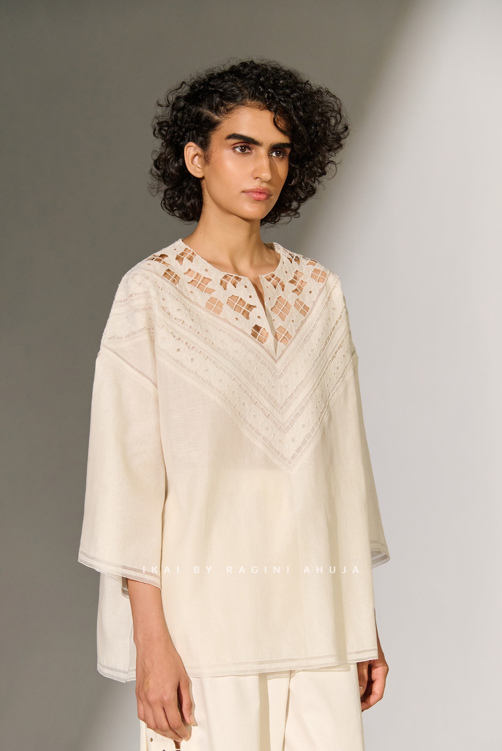 GEOMETRIC NECK CUTWORK DROP SHOULDER SHIRT IVR