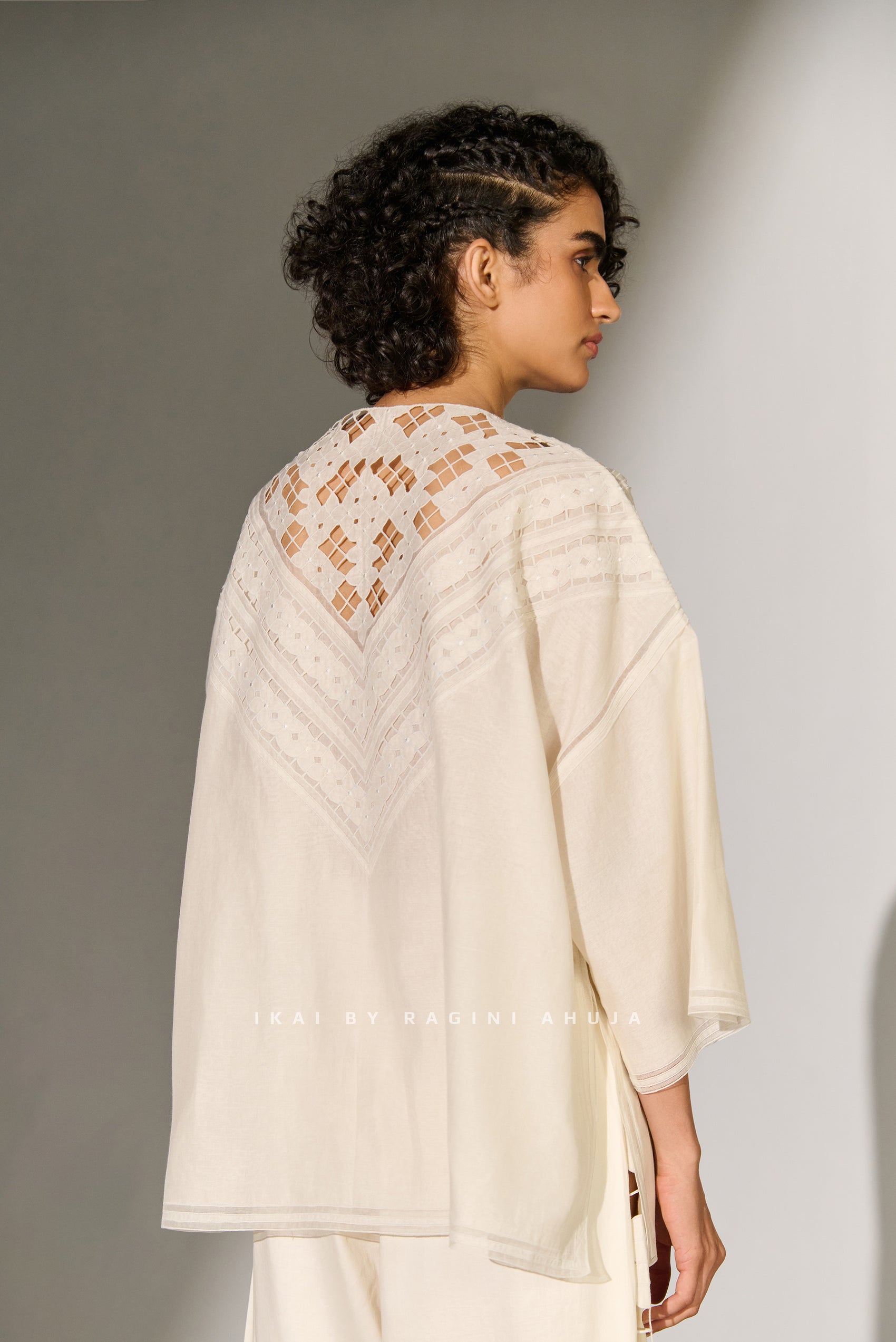 GEOMETRIC NECK CUTWORK DROP SHOULDER SHIRT IVR