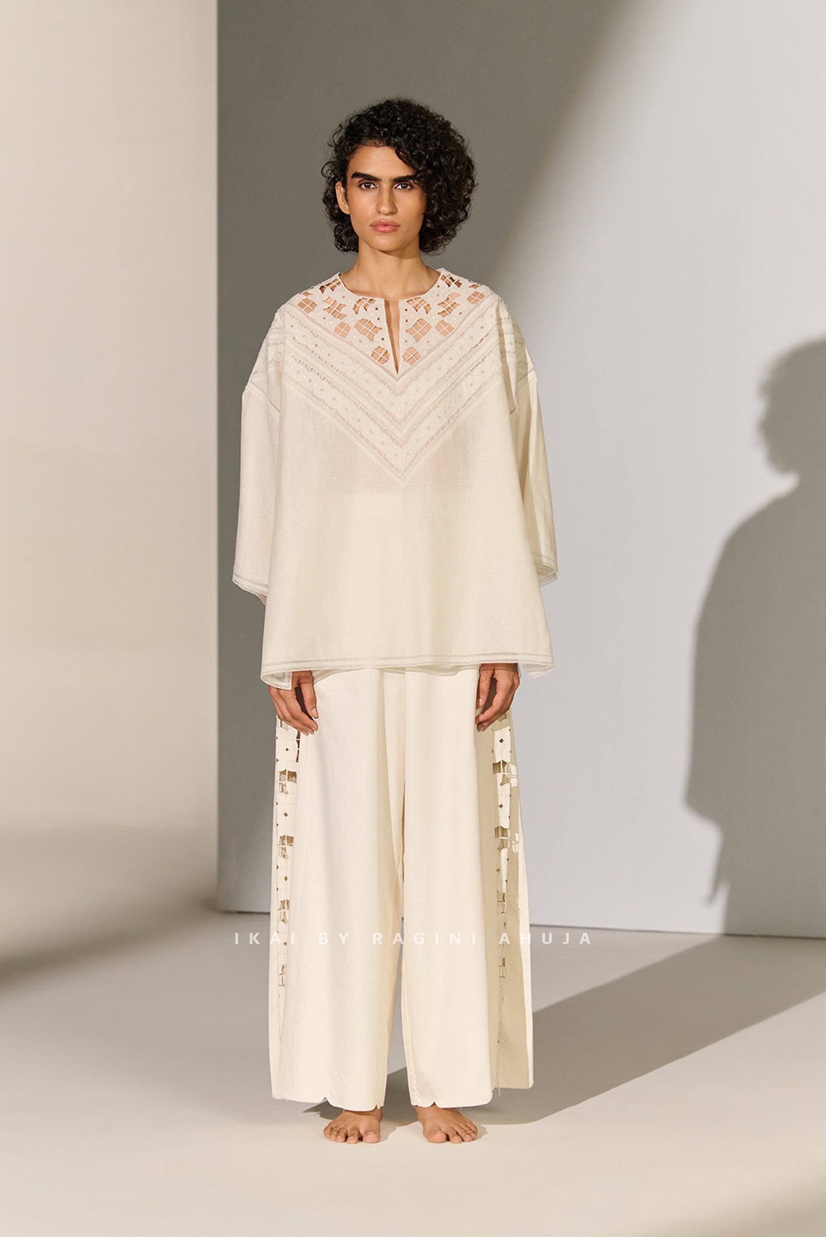 GEOMETRIC NECK CUTWORK DROP SHOULDER SHIRT IVR