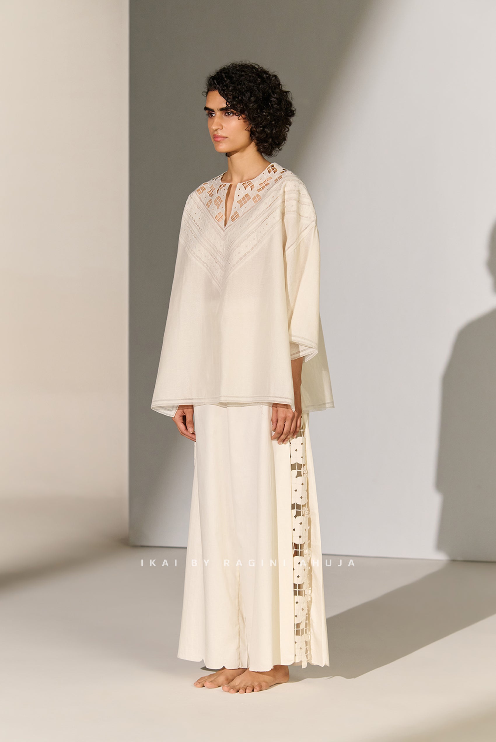 GEOMETRIC NECK CUTWORK DROP SHOULDER SHIRT IVR