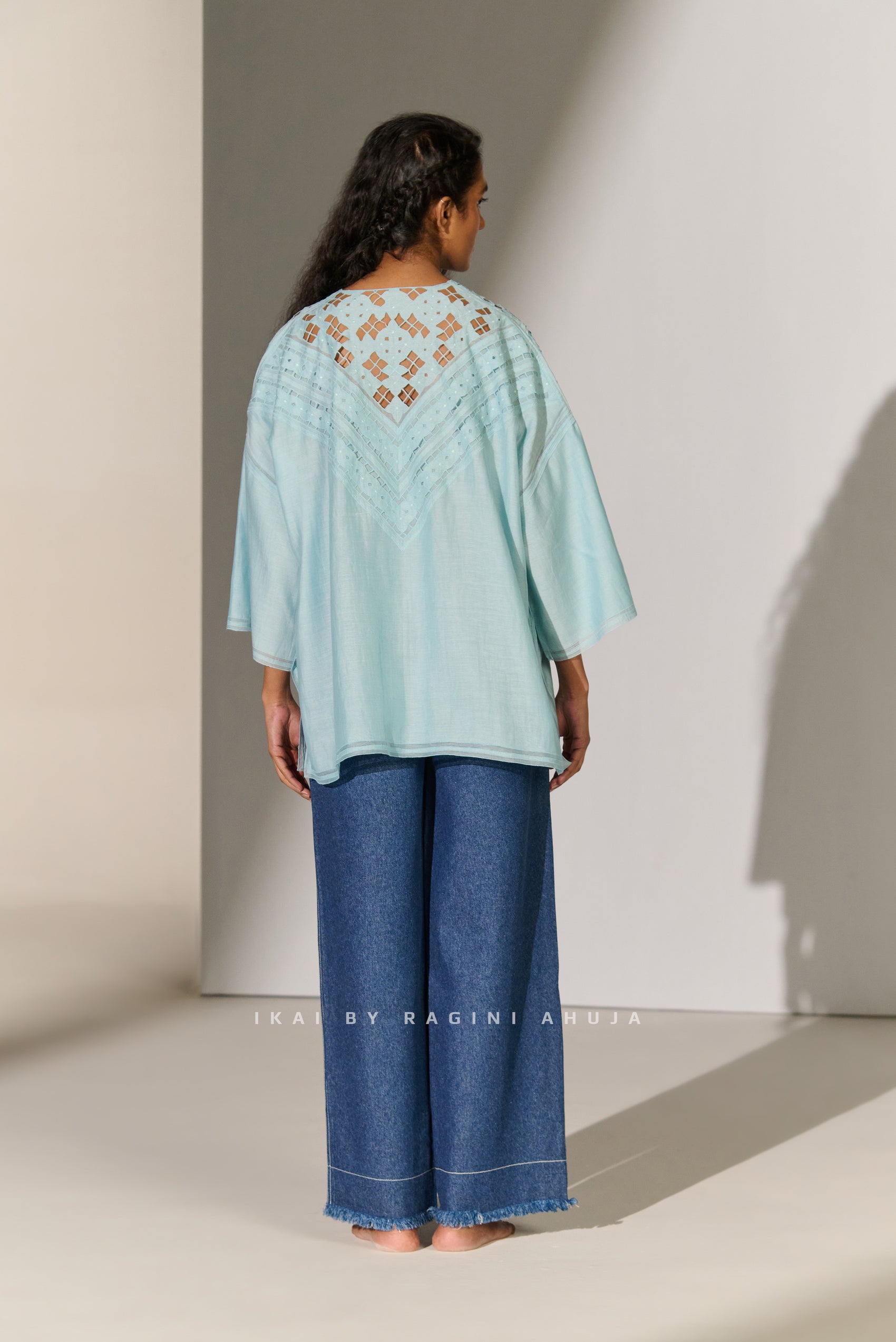 GEOMETRIC NECK CUTWORK DROP SHOULDER SHIRT SKY