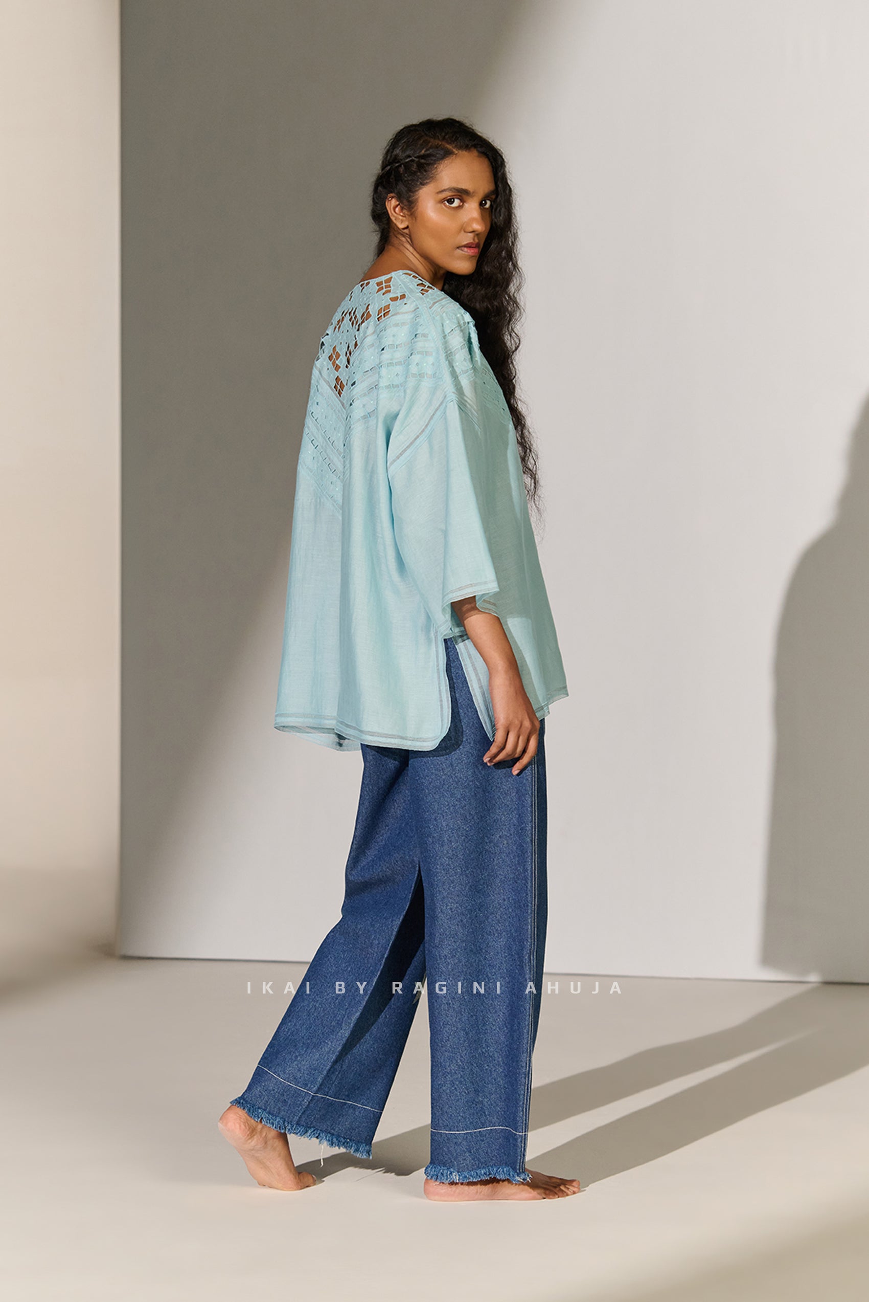 GEOMETRIC NECK CUTWORK DROP SHOULDER SHIRT SKY