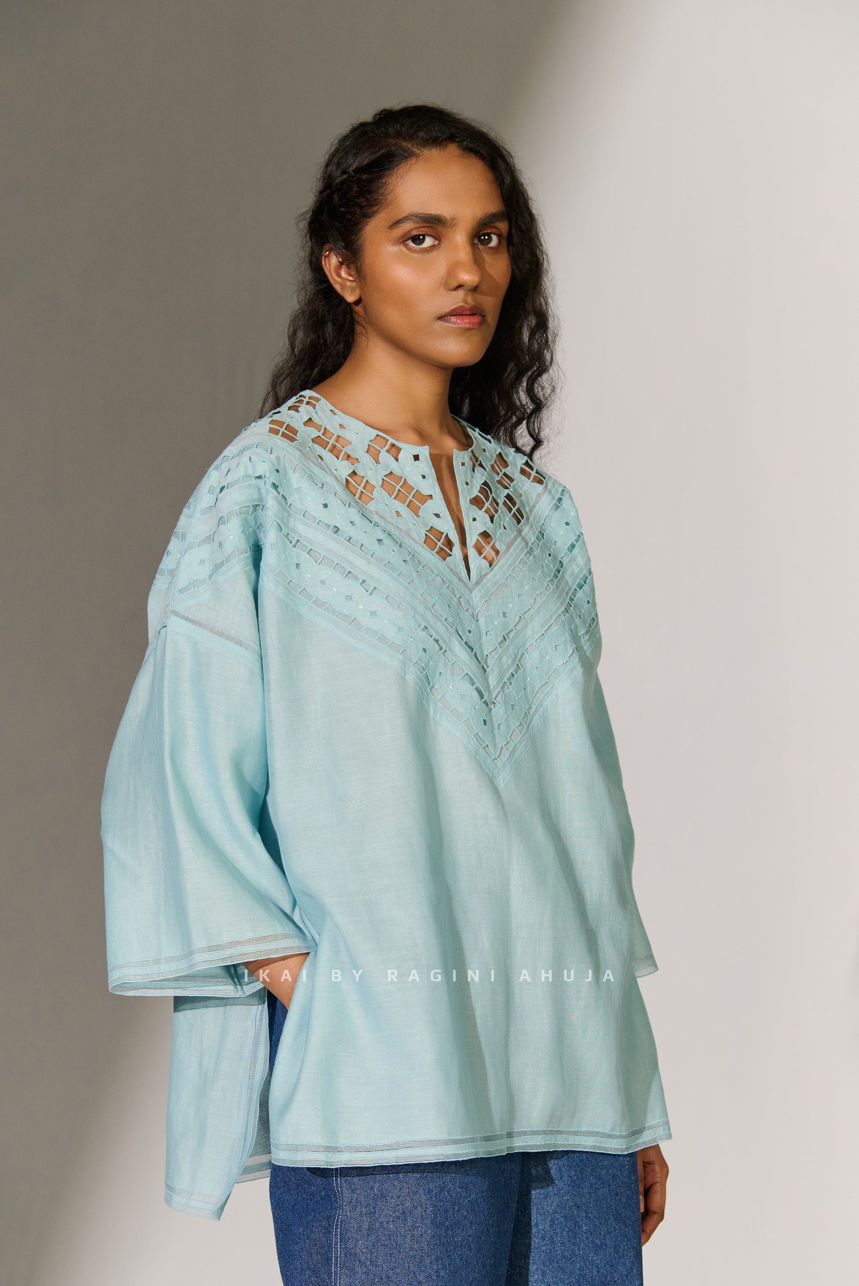 GEOMETRIC NECK CUTWORK DROP SHOULDER SHIRT SKY