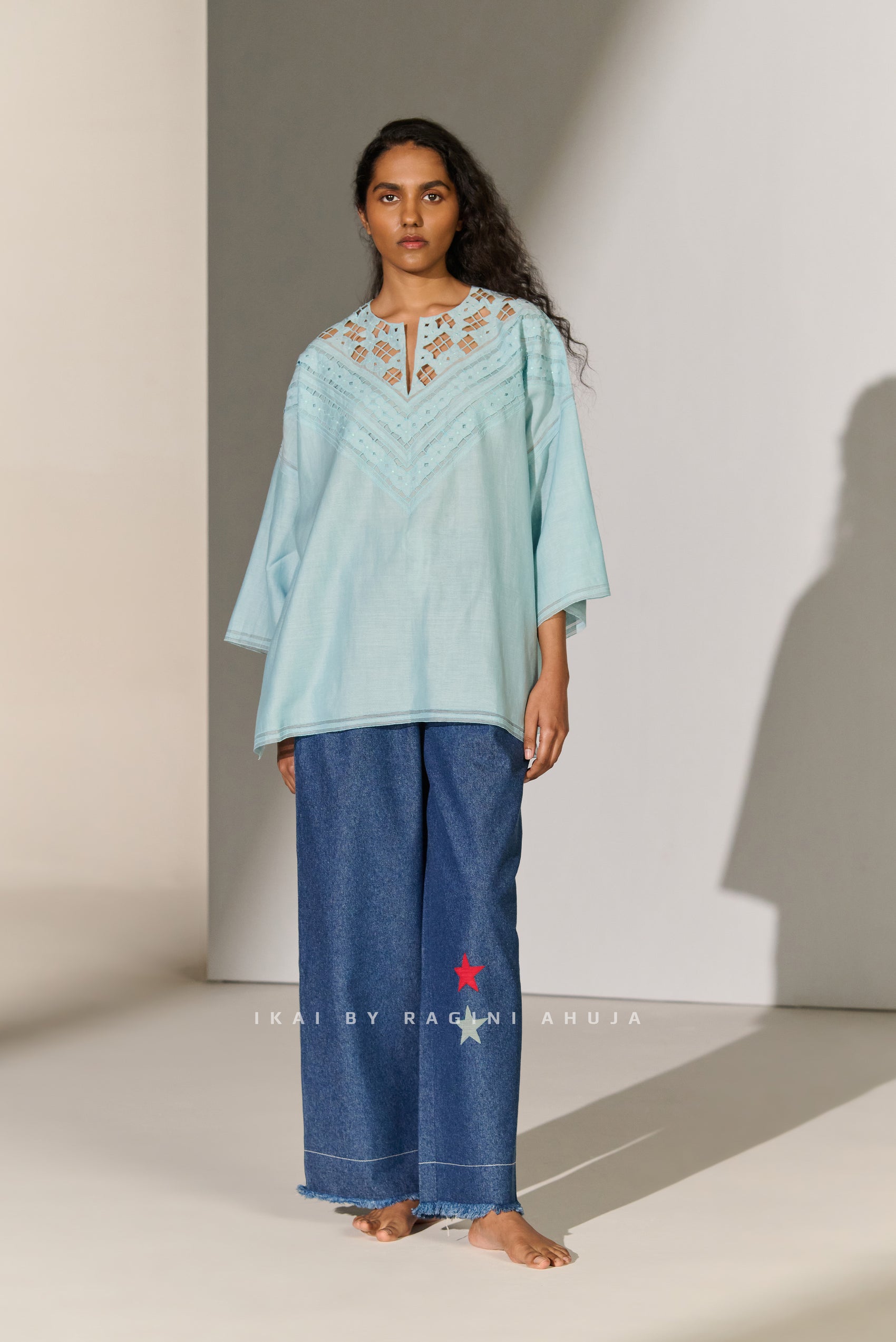 GEOMETRIC NECK CUTWORK DROP SHOULDER SHIRT SKY