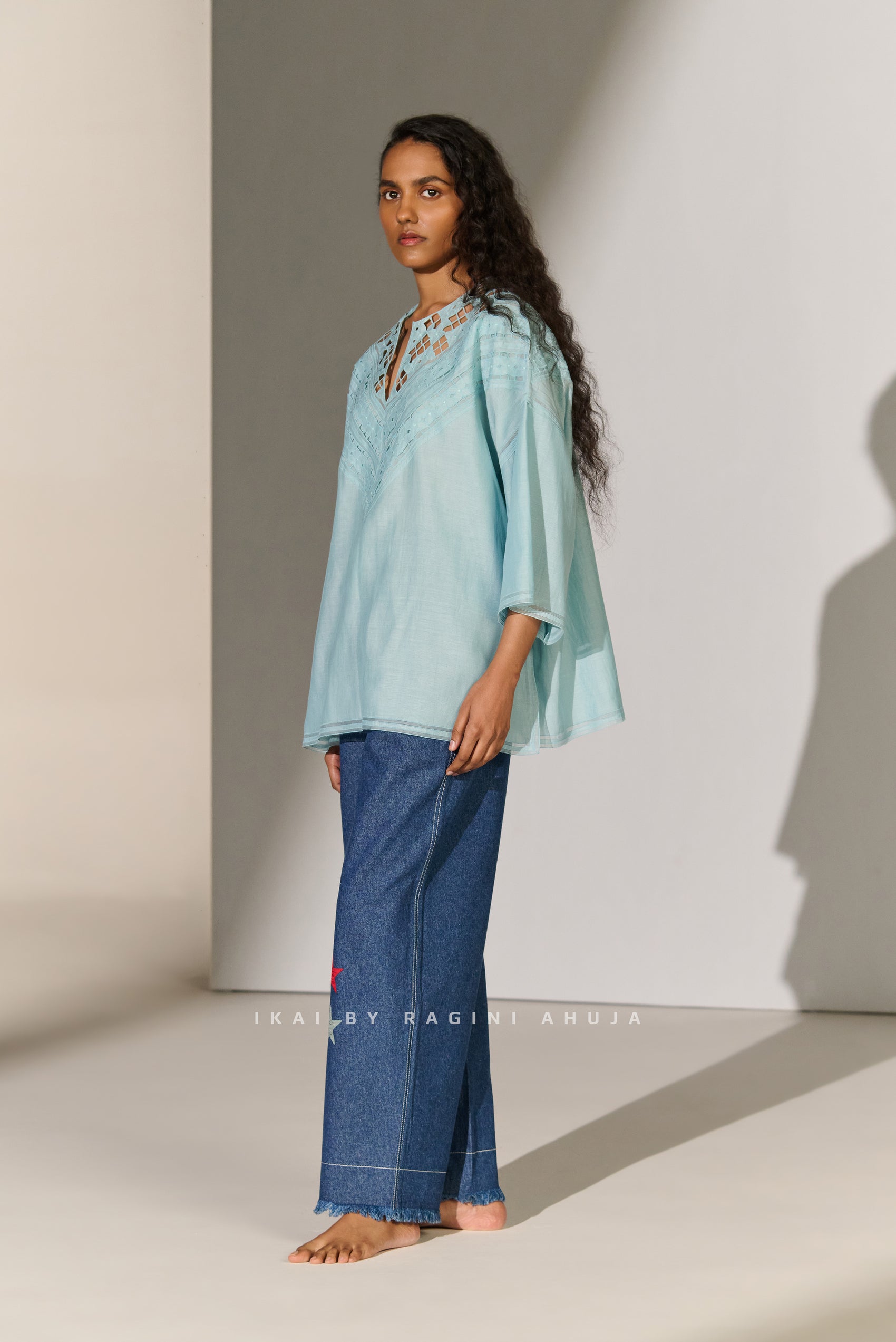 GEOMETRIC NECK CUTWORK DROP SHOULDER SHIRT SKY