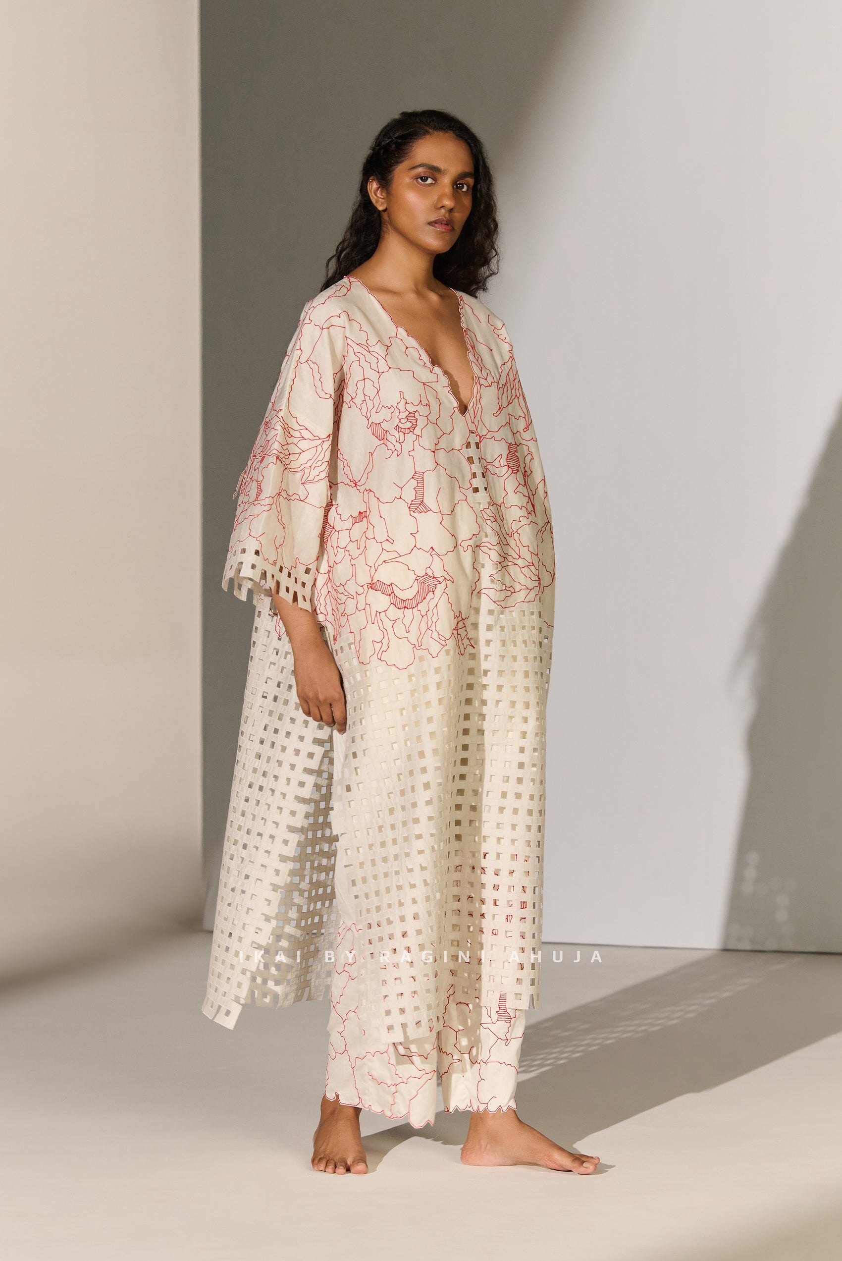 GEOMETRIC AND FLORAL CUTWORK KAFTAN IVR