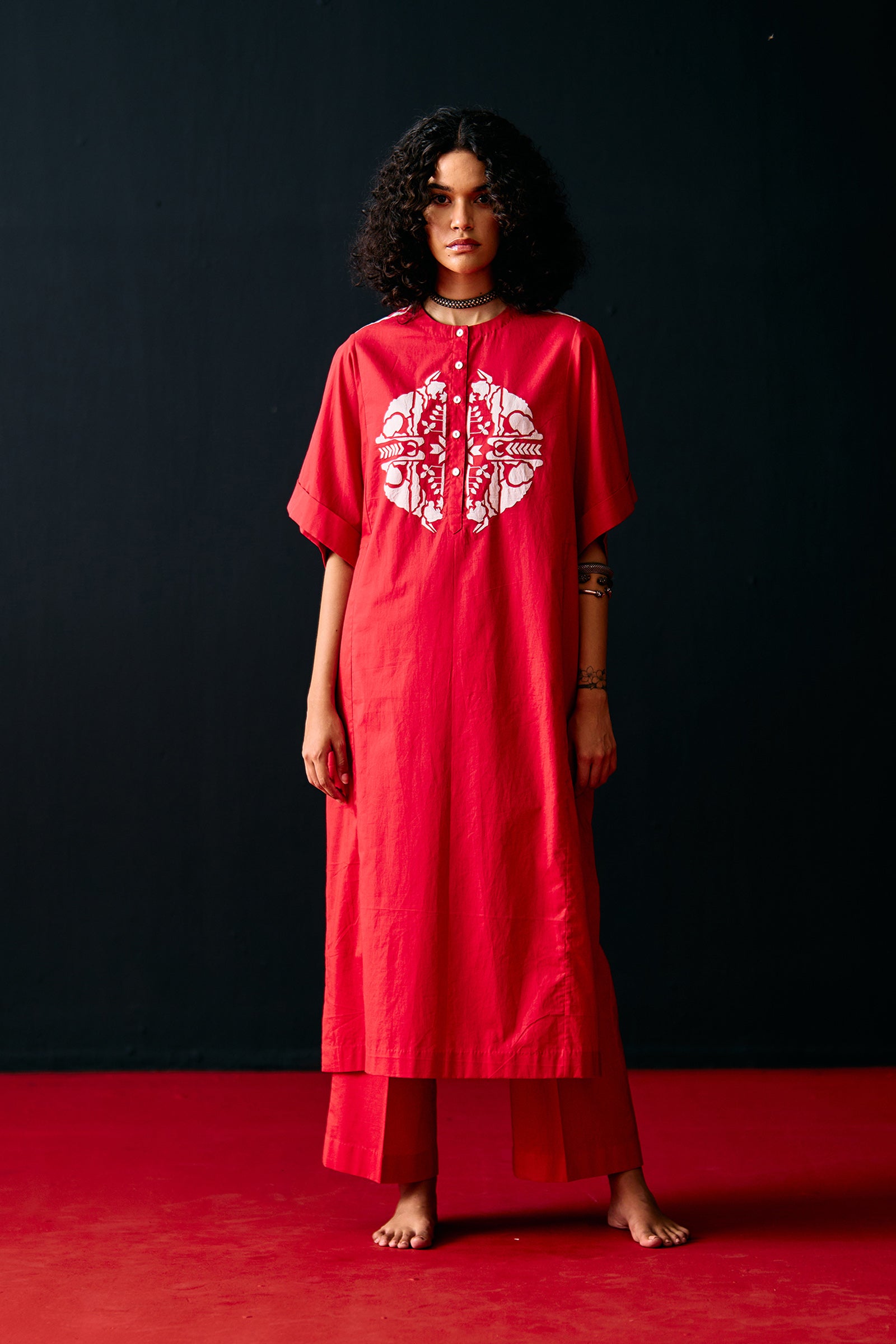 RED TRIBAL APPLIQUE' KAFTAN