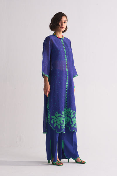 DOT DOT KAMEEZ WITH FLORAL SCALLOP APPLIQUE' AND CUTWORK