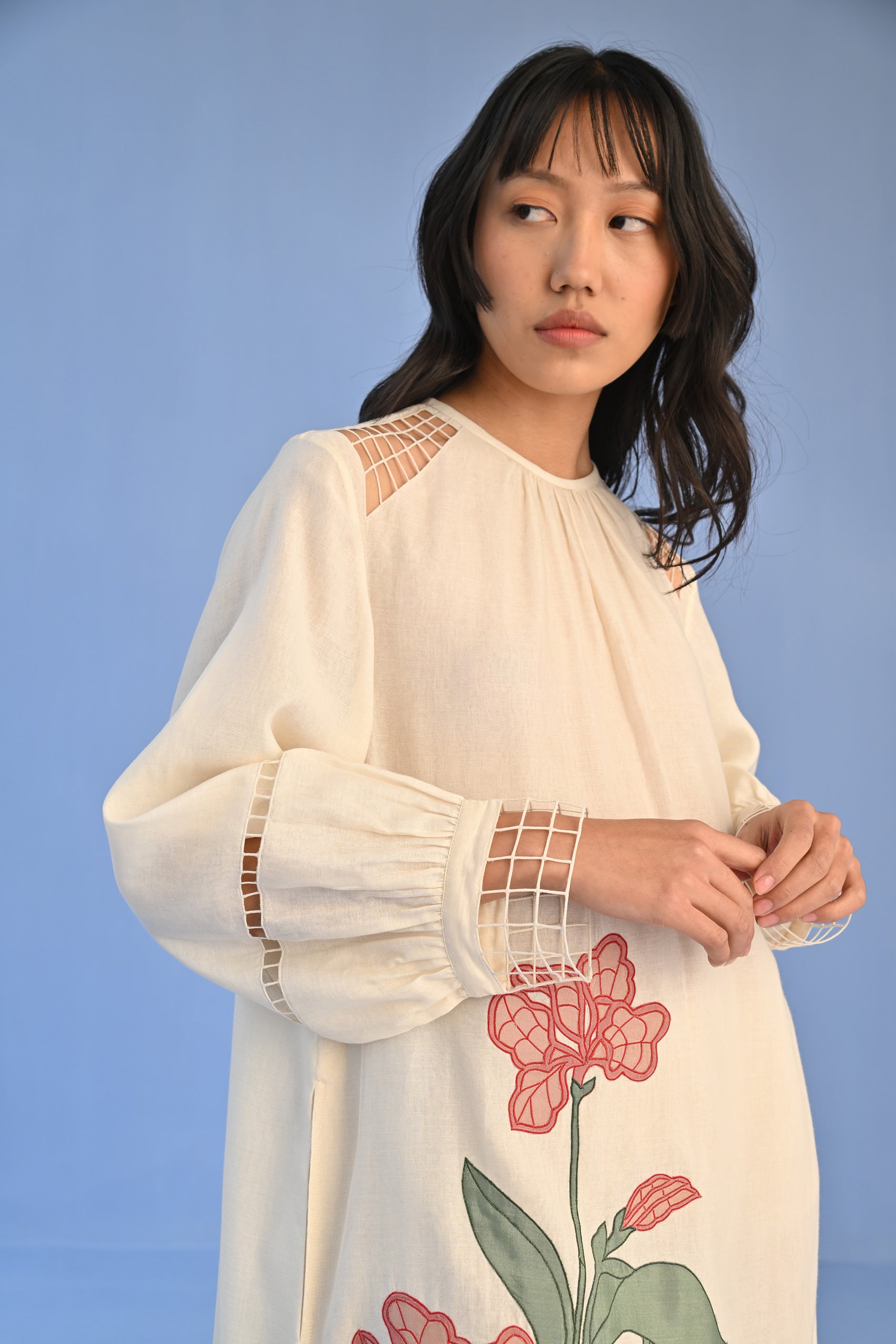 FLORAL APPLIQUE' AND CUTWORK DRESS