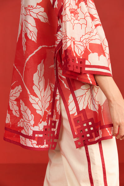 FLORAL PRINT AND CUTWORK KAFTAN SHIRT