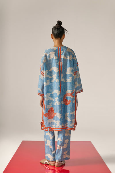 WAVE PRINT AND FISH APPLIQUE' KAFTAN