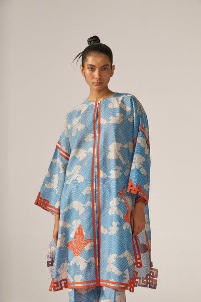 WAVE PRINT AND FISH APPLIQUE' KAFTAN