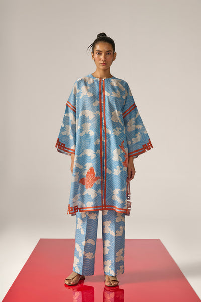 WAVE PRINT AND FISH APPLIQUE' KAFTAN