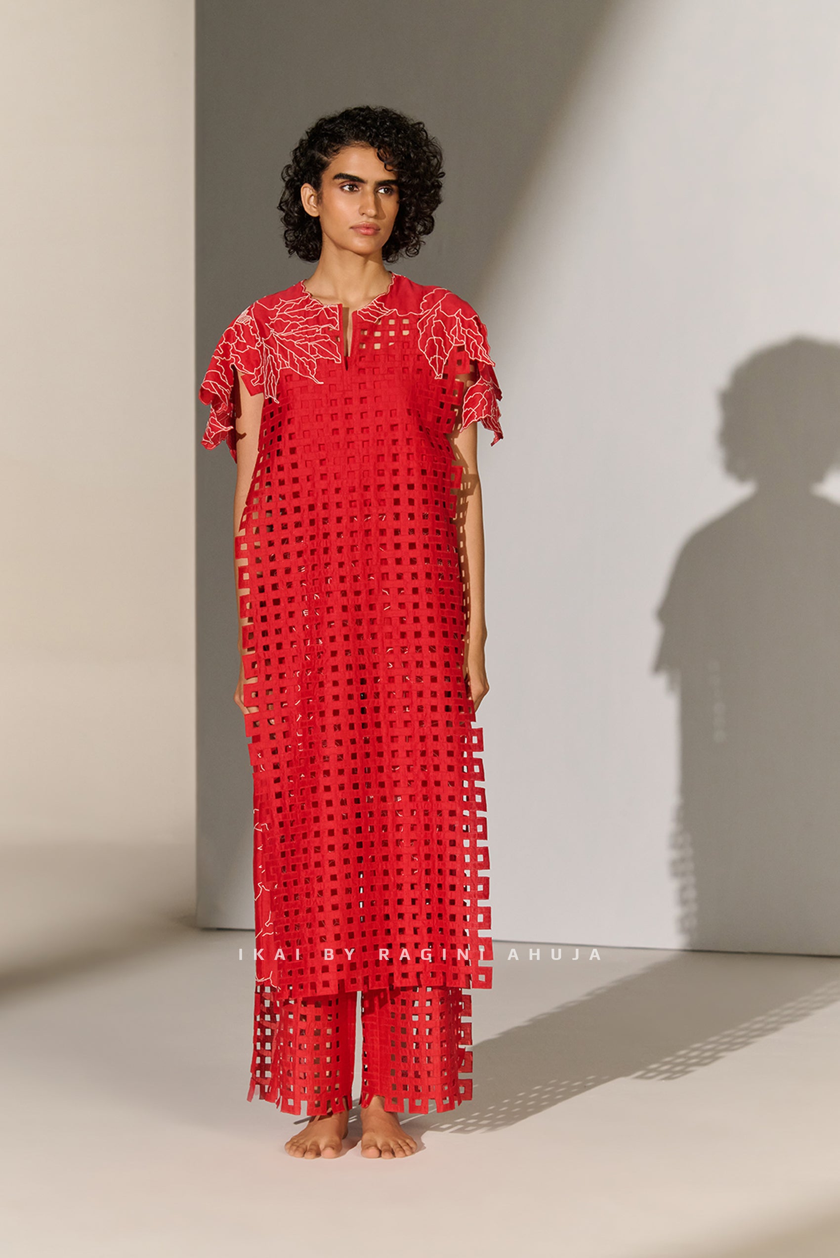 GEOMETRIC FLORAL CUTWORK PANEL RED