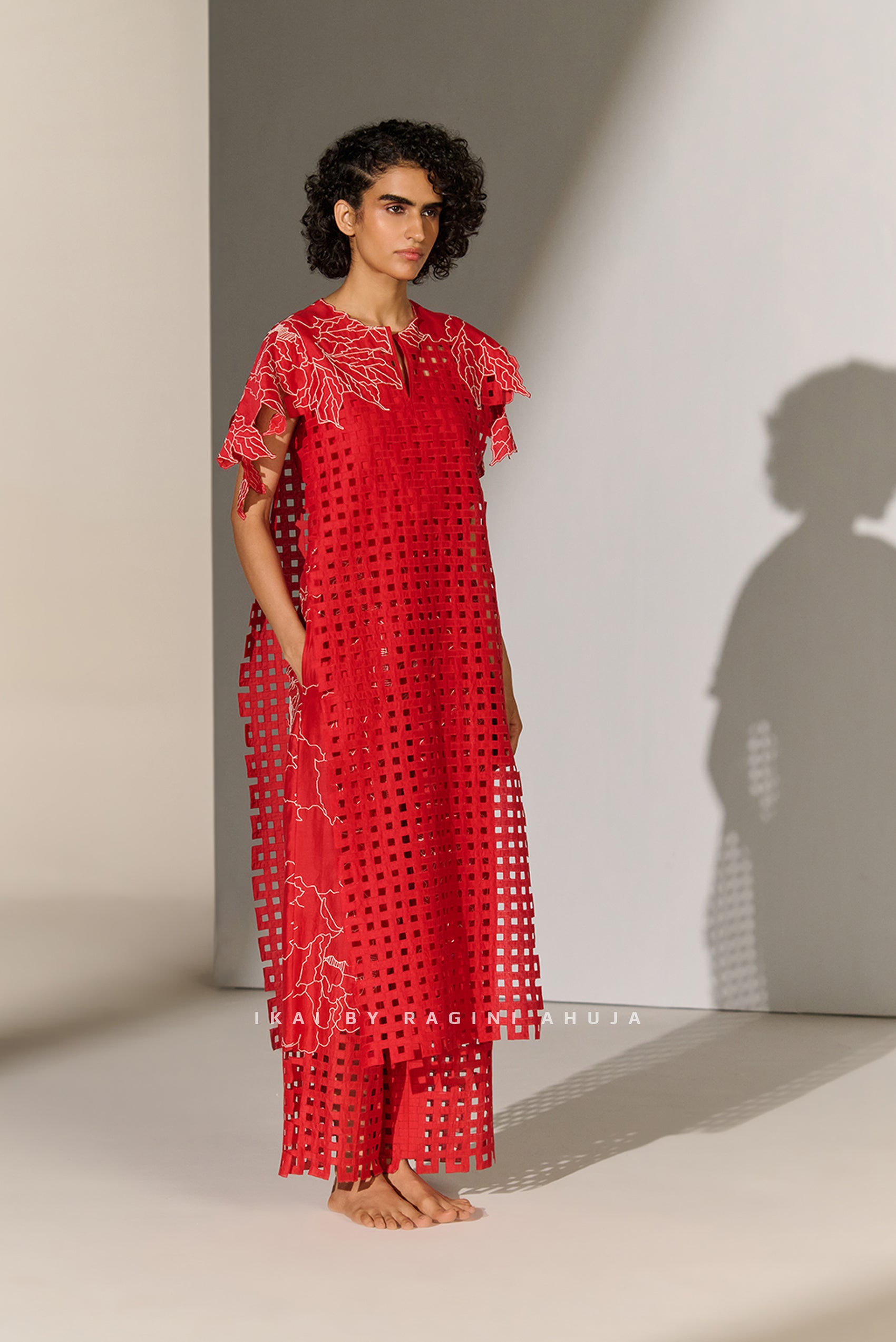 GEOMETRIC FLORAL CUTWORK PANEL RED