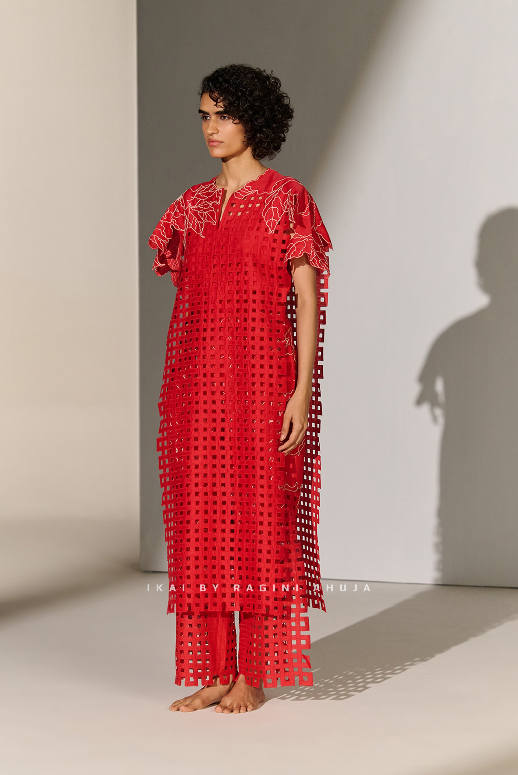 GEOMETRIC FLORAL CUTWORK PANEL RED