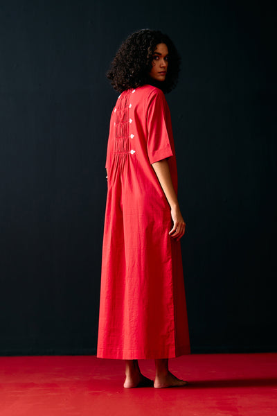 RED CENTRE GATHER DRESS