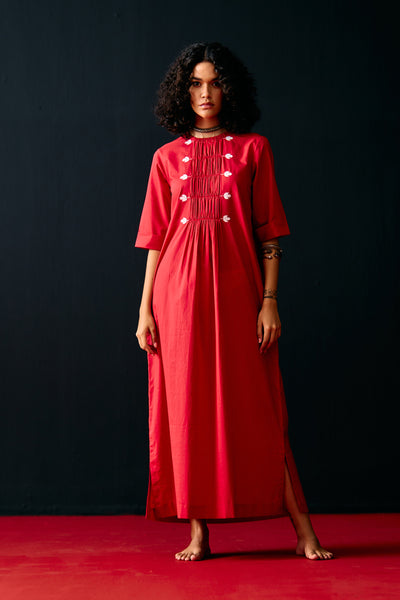 RED CENTRE GATHER DRESS