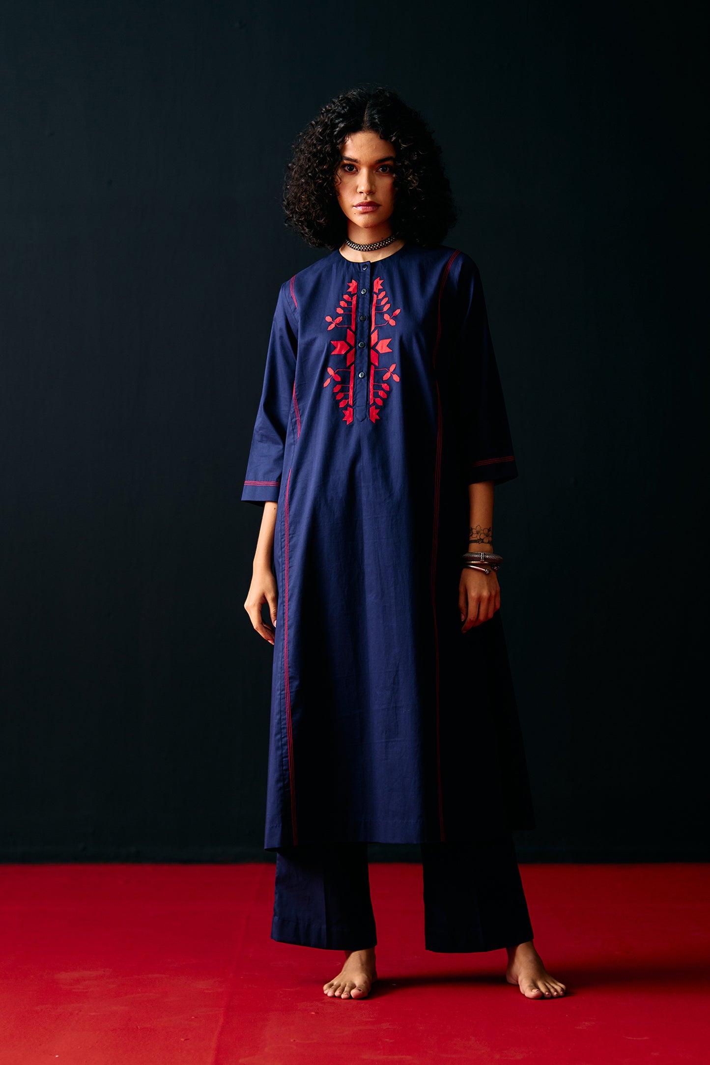NAVY TRIBAL APPLIQUE' KAMEEZ