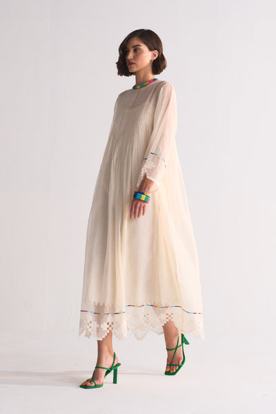 SUPER PLEATED DRESS WITH APPLIQUE', CUTWORK AND THREAD