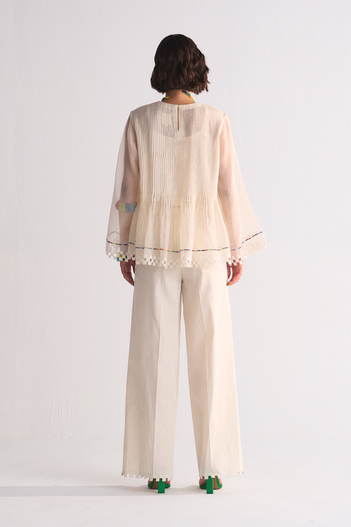 SUPER PLEATED BLOUSE WITH APPLIQUE', CUTWORK AND THREAD