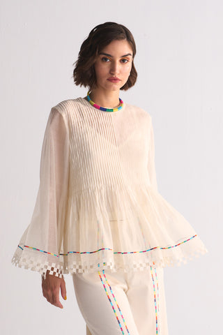 SUPER PLEATED BLOUSE WITH APPLIQUE', CUTWORK AND THREAD